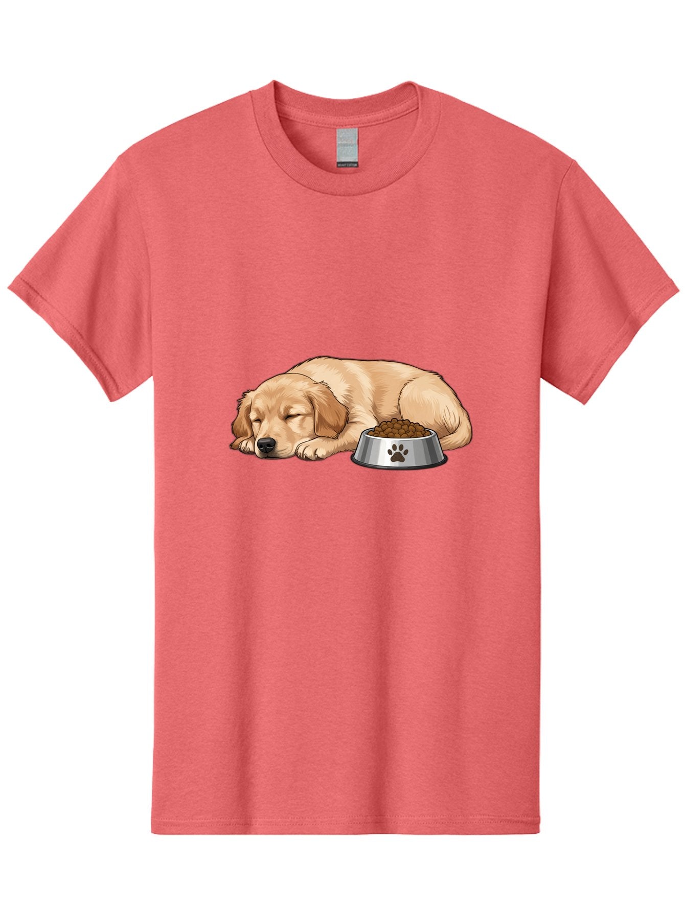 Sleeping-Golden-Retriever Men'S Graphic Tee, 100% Cotton, Comfortable Casual Summer Wear, Machine Washable, Sleeping Golden Retriever, Dog Bowl With Kibble, Paw Print On Bowl, Cute Animal Illustration, Pet Care, Dog'S Meal Time, Bac416 5