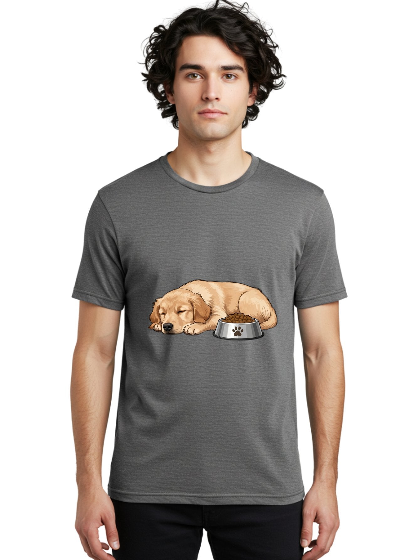 Sleeping-Golden-Retriever Men'S Graphic Tee, 100% Cotton, Comfortable Casual Summer Wear, Machine Washable, Sleeping Golden Retriever, Dog Bowl With Kibble, Paw Print On Bowl, Cute Animal Illustration, Pet Care, Dog'S Meal Time, Bac416 24