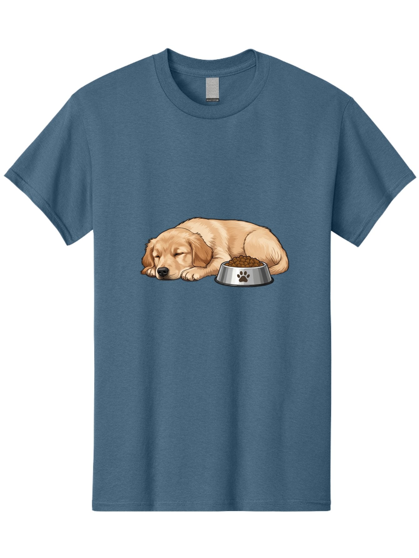 Sleeping-Golden-Retriever Men'S Graphic Tee, 100% Cotton, Comfortable Casual Summer Wear, Machine Washable, Sleeping Golden Retriever, Dog Bowl With Kibble, Paw Print On Bowl, Cute Animal Illustration, Pet Care, Dog'S Meal Time, Bac416