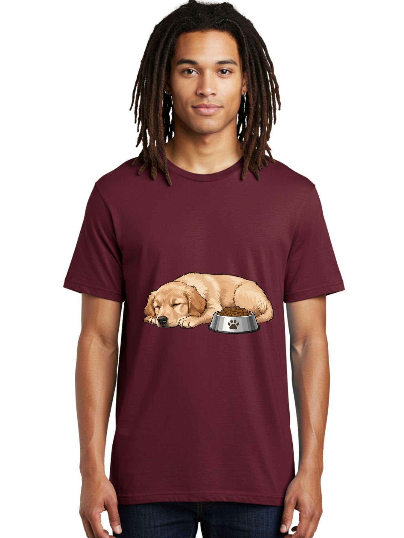 Sleeping-Golden-Retriever Men'S Graphic Tee, 100% Cotton, Comfortable Casual Summer Wear, Machine Washable, Sleeping Golden Retriever, Dog Bowl With Kibble, Paw Print On Bowl, Cute Animal Illustration, Pet Care, Dog'S Meal Time, Bac416 16