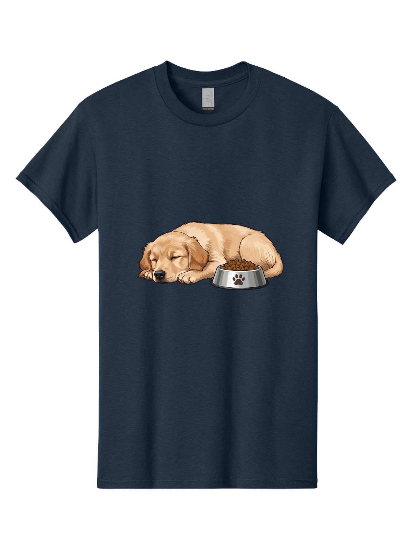 Sleeping-Golden-Retriever Men'S Graphic Tee, 100% Cotton, Comfortable Casual Summer Wear, Machine Washable, Sleeping Golden Retriever, Dog Bowl With Kibble, Paw Print On Bowl, Cute Animal Illustration, Pet Care, Dog'S Meal Time, Bac416