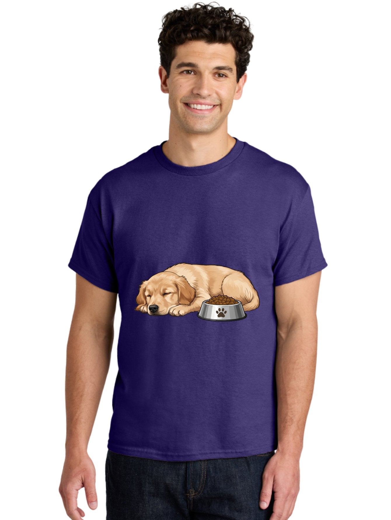 Sleeping-Golden-Retriever Men'S Graphic Tee, 100% Cotton, Comfortable Casual Summer Wear, Machine Washable, Sleeping Golden Retriever, Dog Bowl With Kibble, Paw Print On Bowl, Cute Animal Illustration, Pet Care, Dog'S Meal Time, Bac416 20