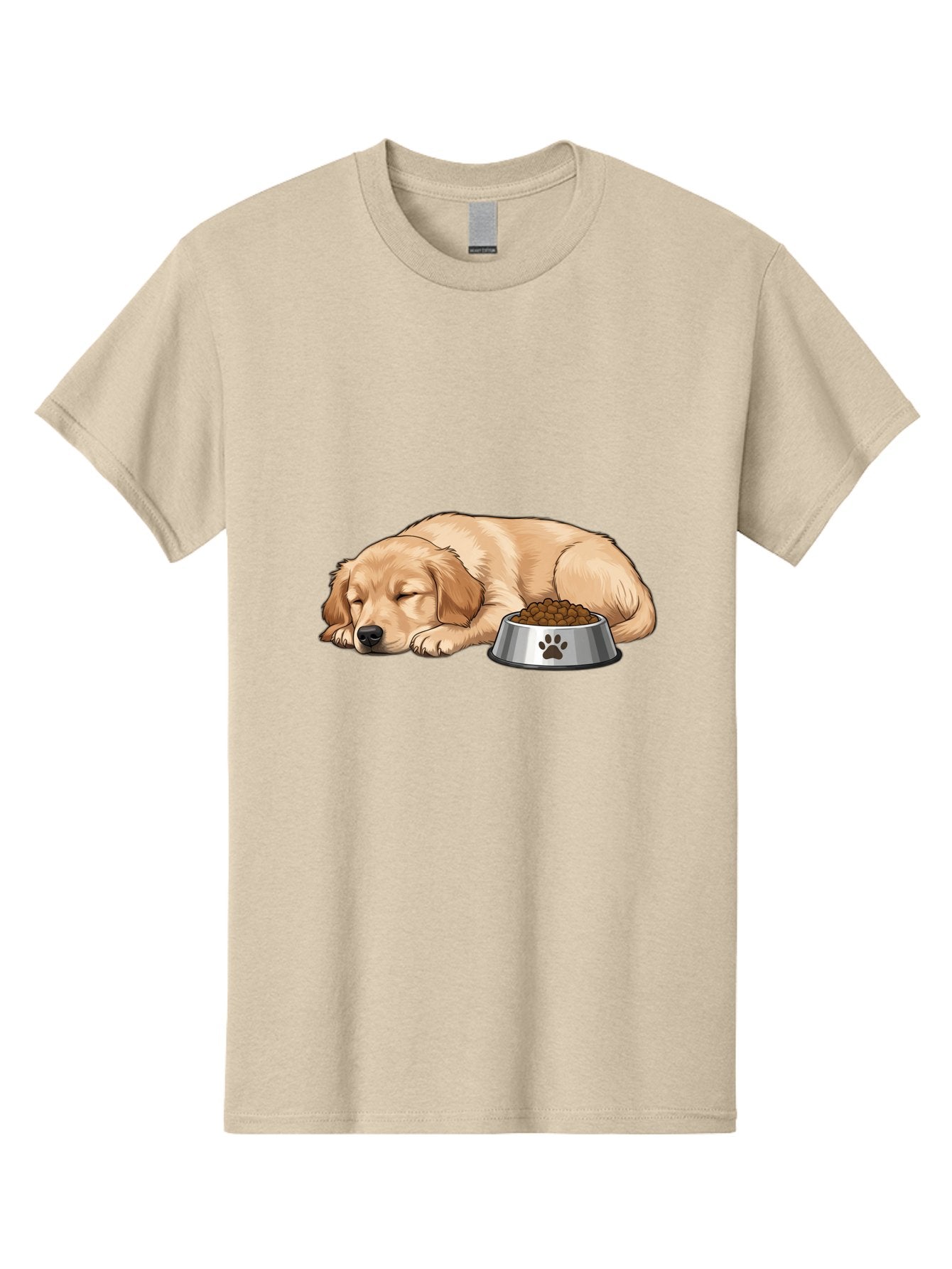 Sleeping-Golden-Retriever Men'S Graphic Tee, 100% Cotton, Comfortable Casual Summer Wear, Machine Washable, Sleeping Golden Retriever, Dog Bowl With Kibble, Paw Print On Bowl, Cute Animal Illustration, Pet Care, Dog'S Meal Time, Bac416 10