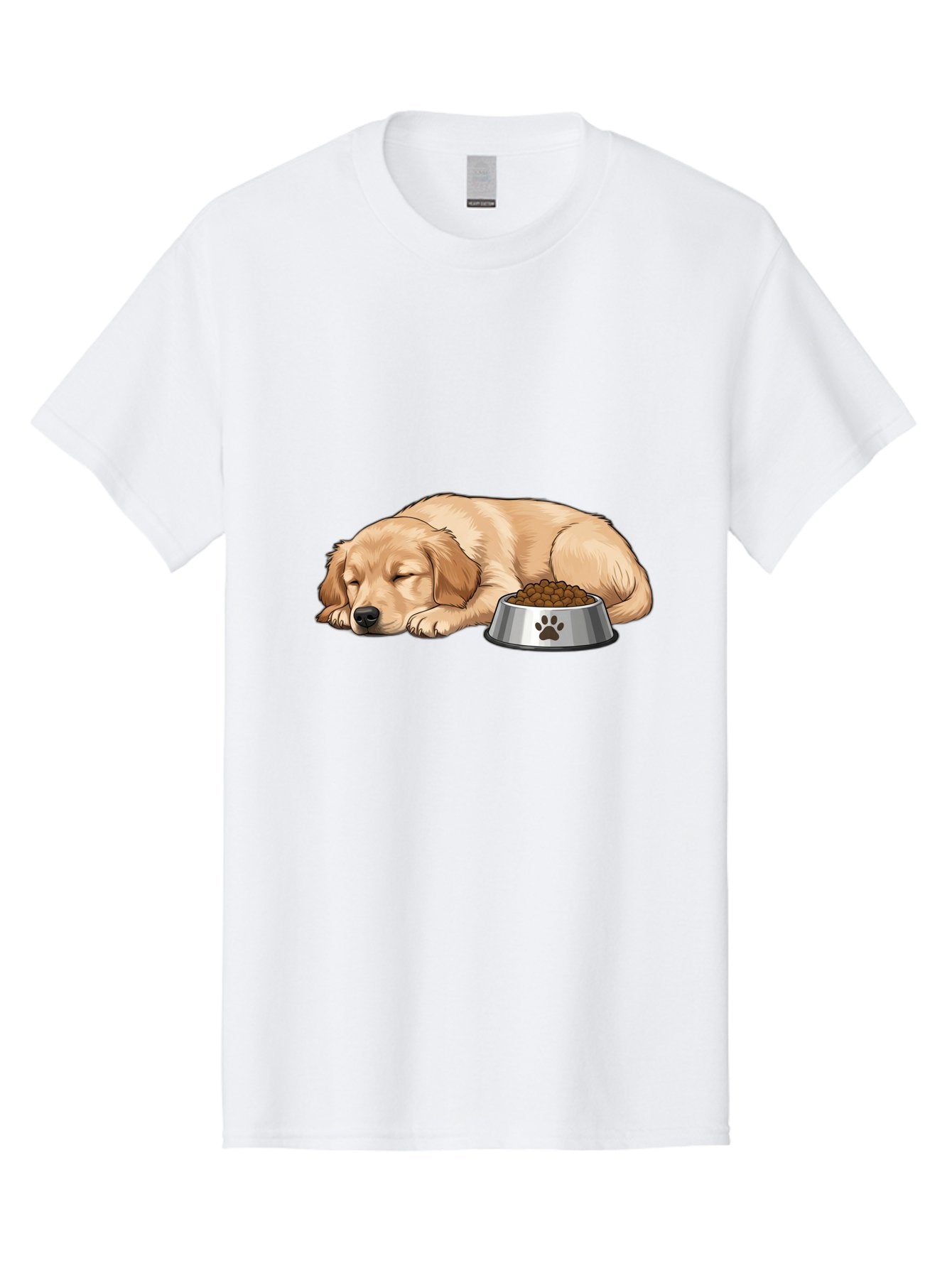 Sleeping-Golden-Retriever Men'S Graphic Tee, 100% Cotton, Comfortable Casual Summer Wear, Machine Washable, Sleeping Golden Retriever, Dog Bowl With Kibble, Paw Print On Bowl, Cute Animal Illustration, Pet Care, Dog'S Meal Time, Bac416 12