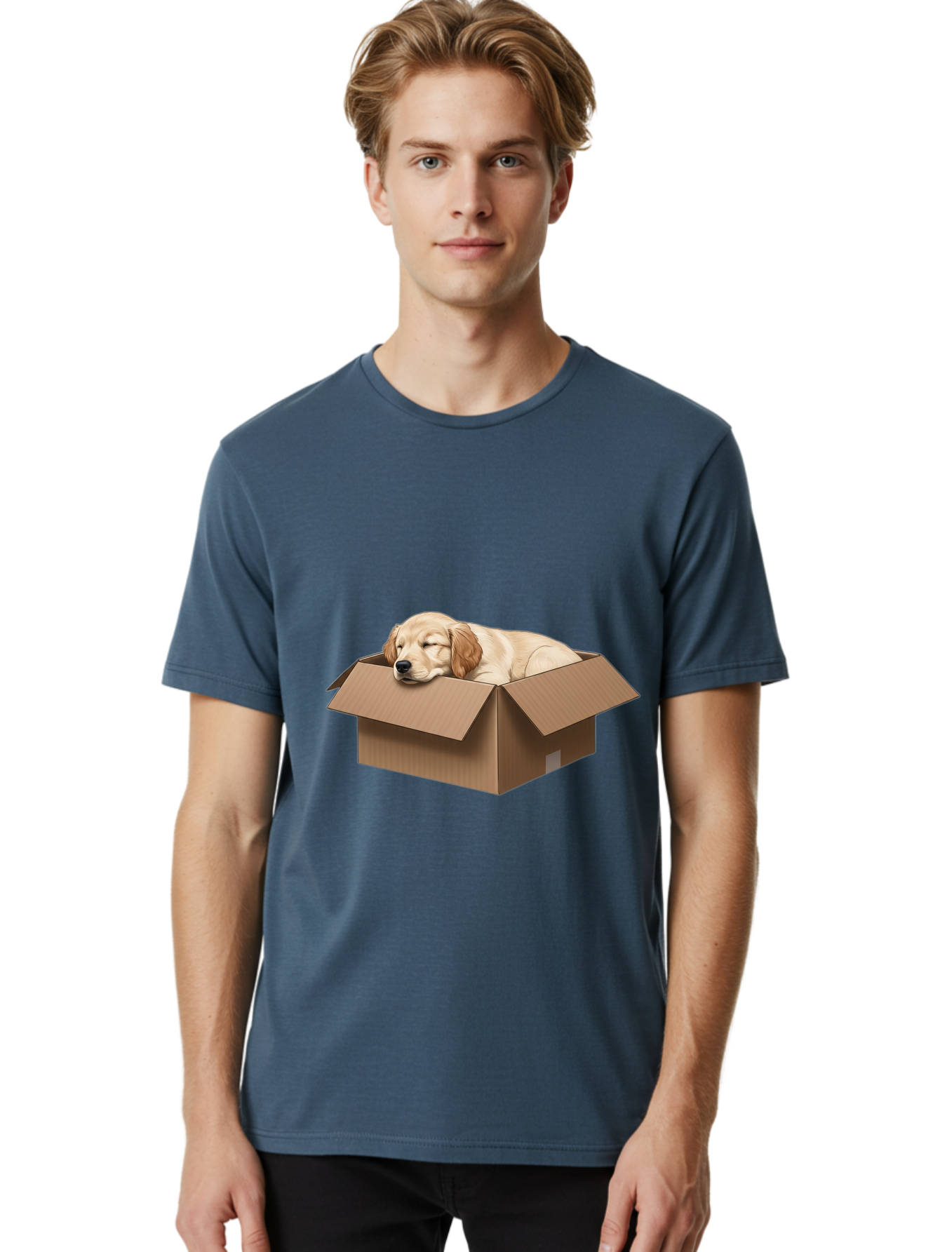 Sleeping-Puppy-1 Men'S Graphic Tee, 100% Cotton, Comfortable Casual Summer Wear, Machine Washable, Sleeping Puppy, Cardboard Box, Adorable Dog, Cute Animal, Resting Pet, Dog In Box, Peaceful Scene, Puppy Love, Cozy Atmosphere, Sweet Dreams Bac417 26