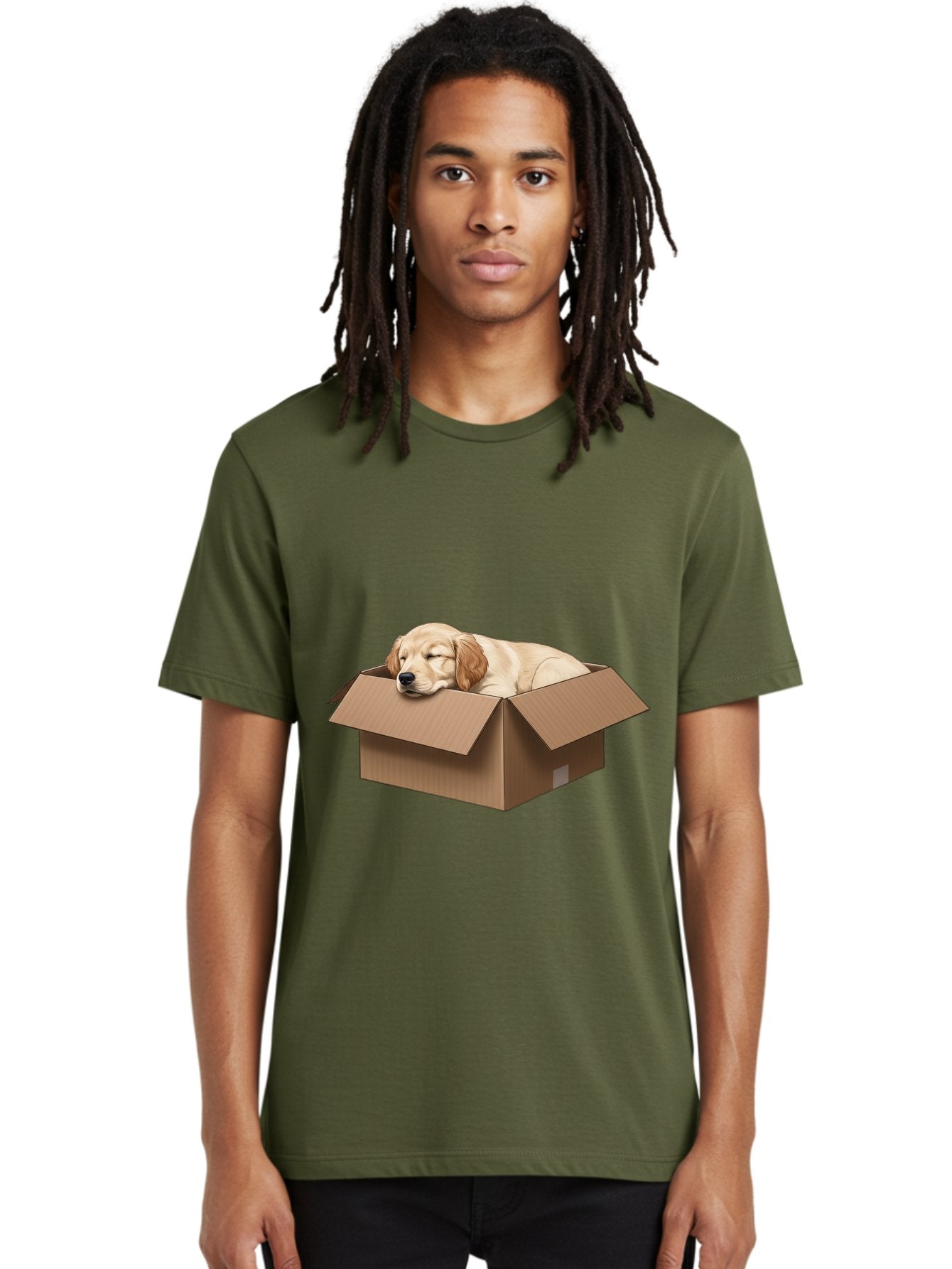 Sleeping-Puppy-1 Men'S Graphic Tee, 100% Cotton, Comfortable Casual Summer Wear, Machine Washable, Sleeping Puppy, Cardboard Box, Adorable Dog, Cute Animal, Resting Pet, Dog In Box, Peaceful Scene, Puppy Love, Cozy Atmosphere, Sweet Dreams Bac417 29