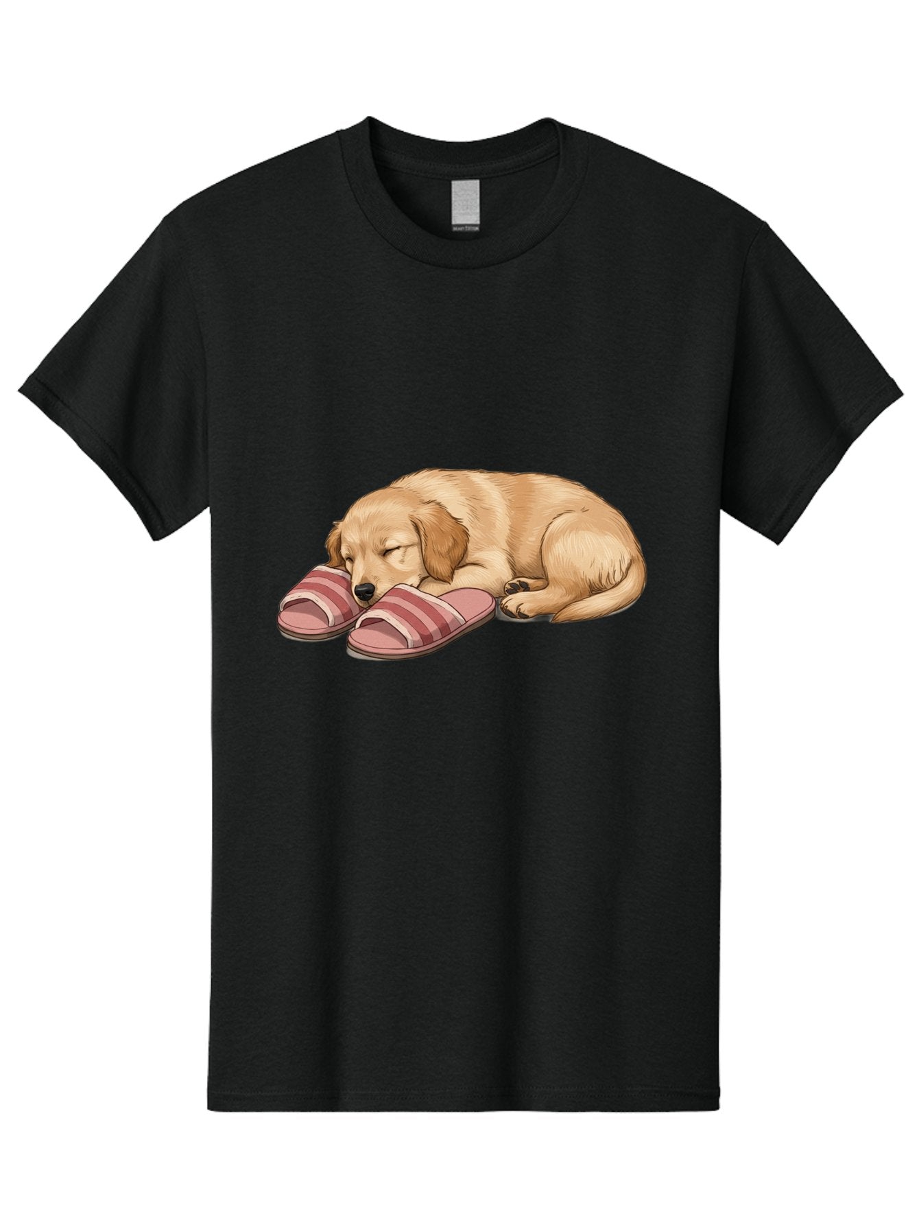 Sleeping-Puppy-2 Men'S Graphic Tee, 100% Cotton, Comfortable Casual Summer Wear, Machine Washable, Adorable Golden Retriever, Sleeping Dog, Puppy Love, Cute Cartoon, Animal Sleep, Dog Relaxation, Flip Flops, Striped Sandals, Peaceful Pup, Bac418
