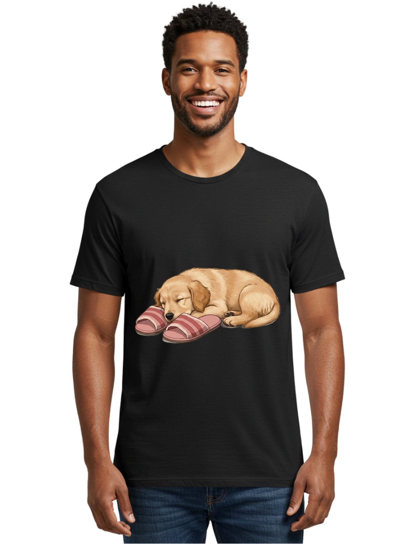 Sleeping-Puppy-2 Men'S Graphic Tee, 100% Cotton, Comfortable Casual Summer Wear, Machine Washable, Adorable Golden Retriever, Sleeping Dog, Puppy Love, Cute Cartoon, Animal Sleep, Dog Relaxation, Flip Flops, Striped Sandals, Peaceful Pup, Bac418 21