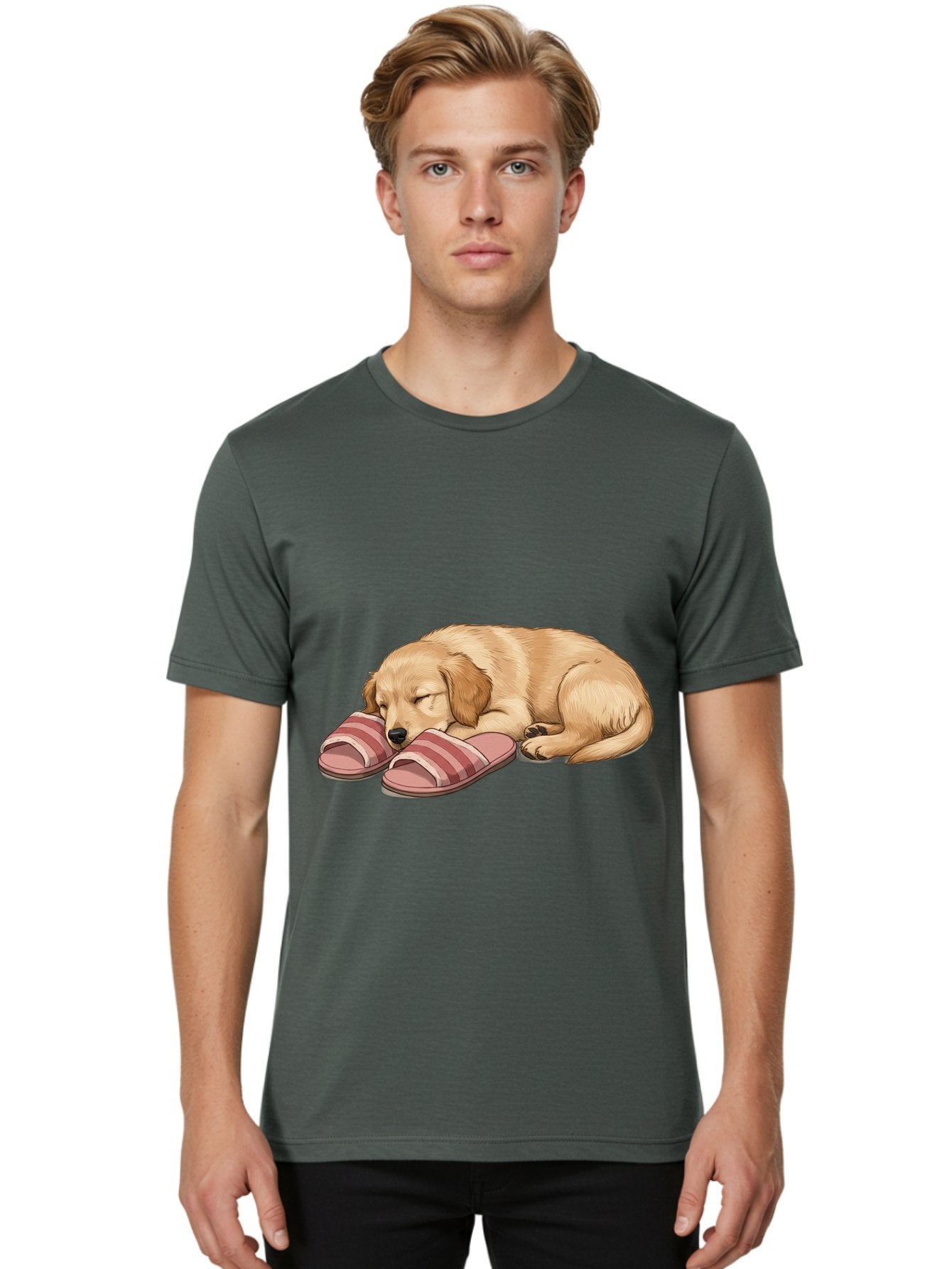 Sleeping-Puppy-2 Men'S Graphic Tee, 100% Cotton, Comfortable Casual Summer Wear, Machine Washable, Adorable Golden Retriever, Sleeping Dog, Puppy Love, Cute Cartoon, Animal Sleep, Dog Relaxation, Flip Flops, Striped Sandals, Peaceful Pup, Bac418 26