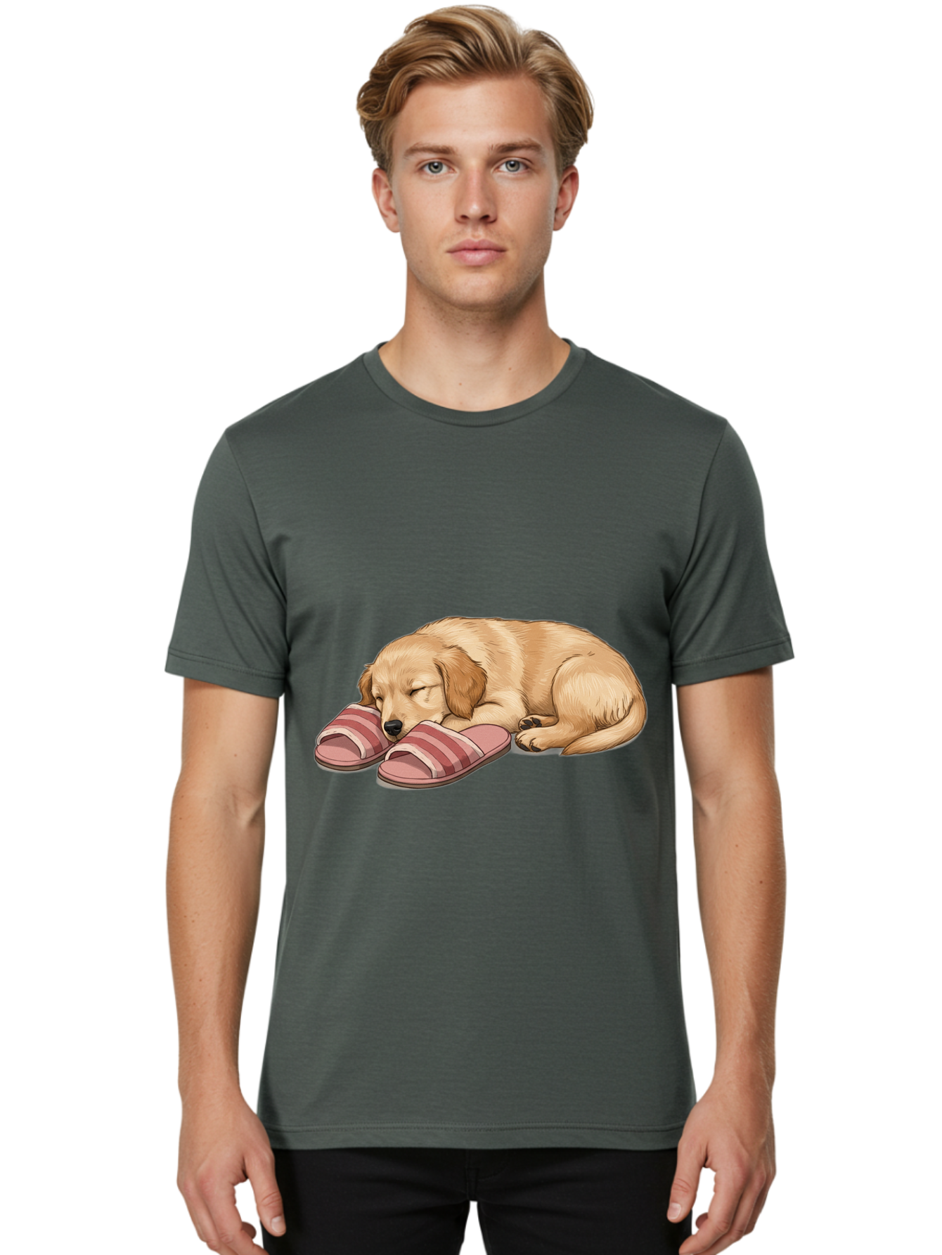 Sleeping-Puppy-2 Men'S Graphic Tee, 100% Cotton, Comfortable Casual Summer Wear, Machine Washable, Adorable Golden Retriever, Sleeping Dog, Puppy Love, Cute Cartoon, Animal Sleep, Dog Relaxation, Flip Flops, Striped Sandals, Peaceful Pup, Bac418 20