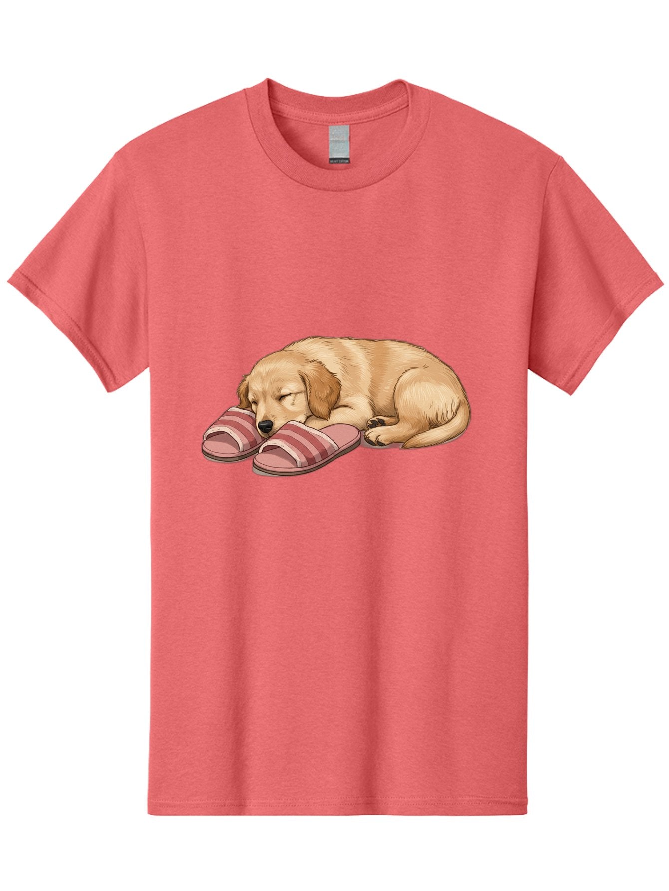 Sleeping-Puppy-2 Men'S Graphic Tee, 100% Cotton, Comfortable Casual Summer Wear, Machine Washable, Adorable Golden Retriever, Sleeping Dog, Puppy Love, Cute Cartoon, Animal Sleep, Dog Relaxation, Flip Flops, Striped Sandals, Peaceful Pup, Bac418