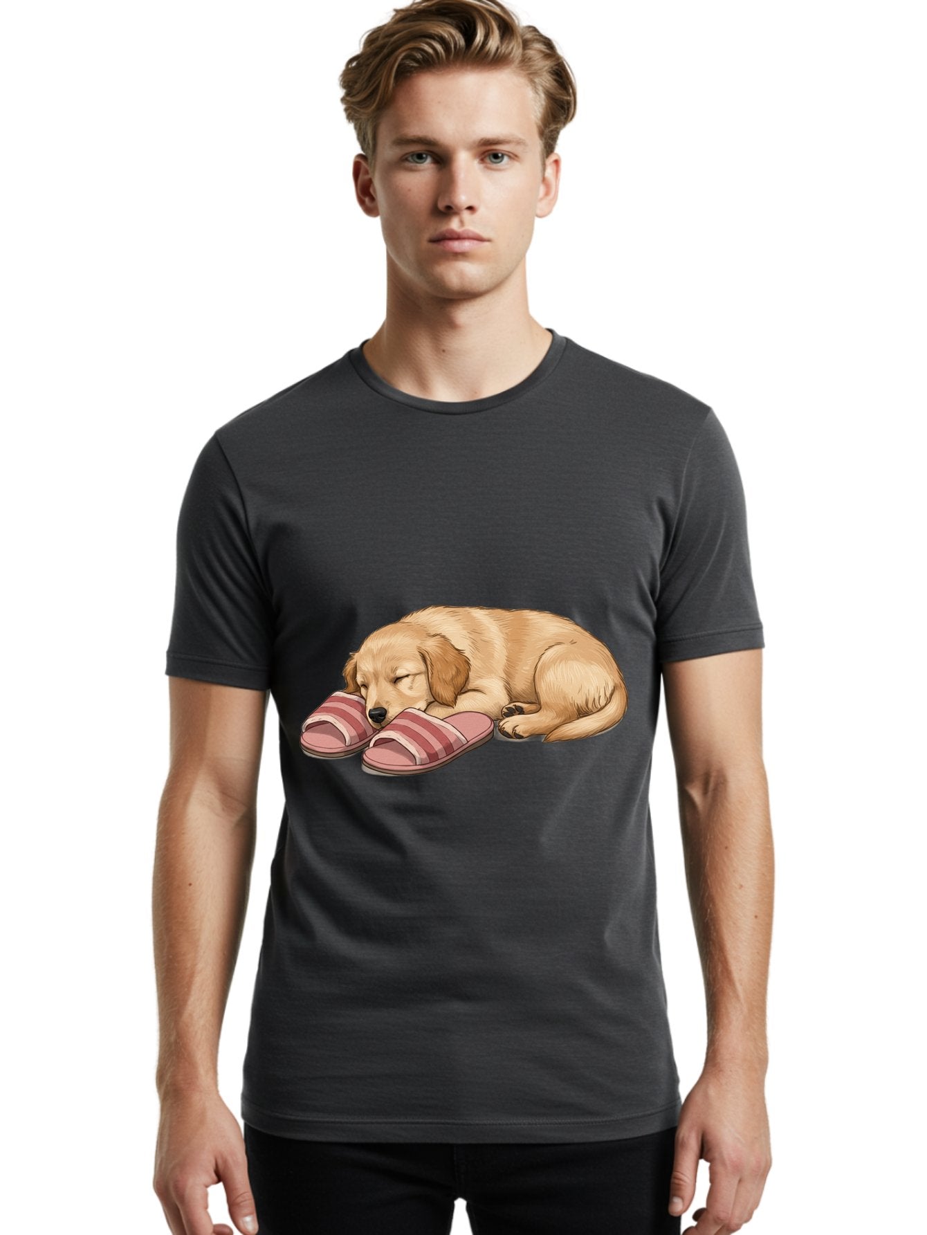 Sleeping-Puppy-2 Men'S Graphic Tee, 100% Cotton, Comfortable Casual Summer Wear, Machine Washable, Adorable Golden Retriever, Sleeping Dog, Puppy Love, Cute Cartoon, Animal Sleep, Dog Relaxation, Flip Flops, Striped Sandals, Peaceful Pup, Bac418 20
