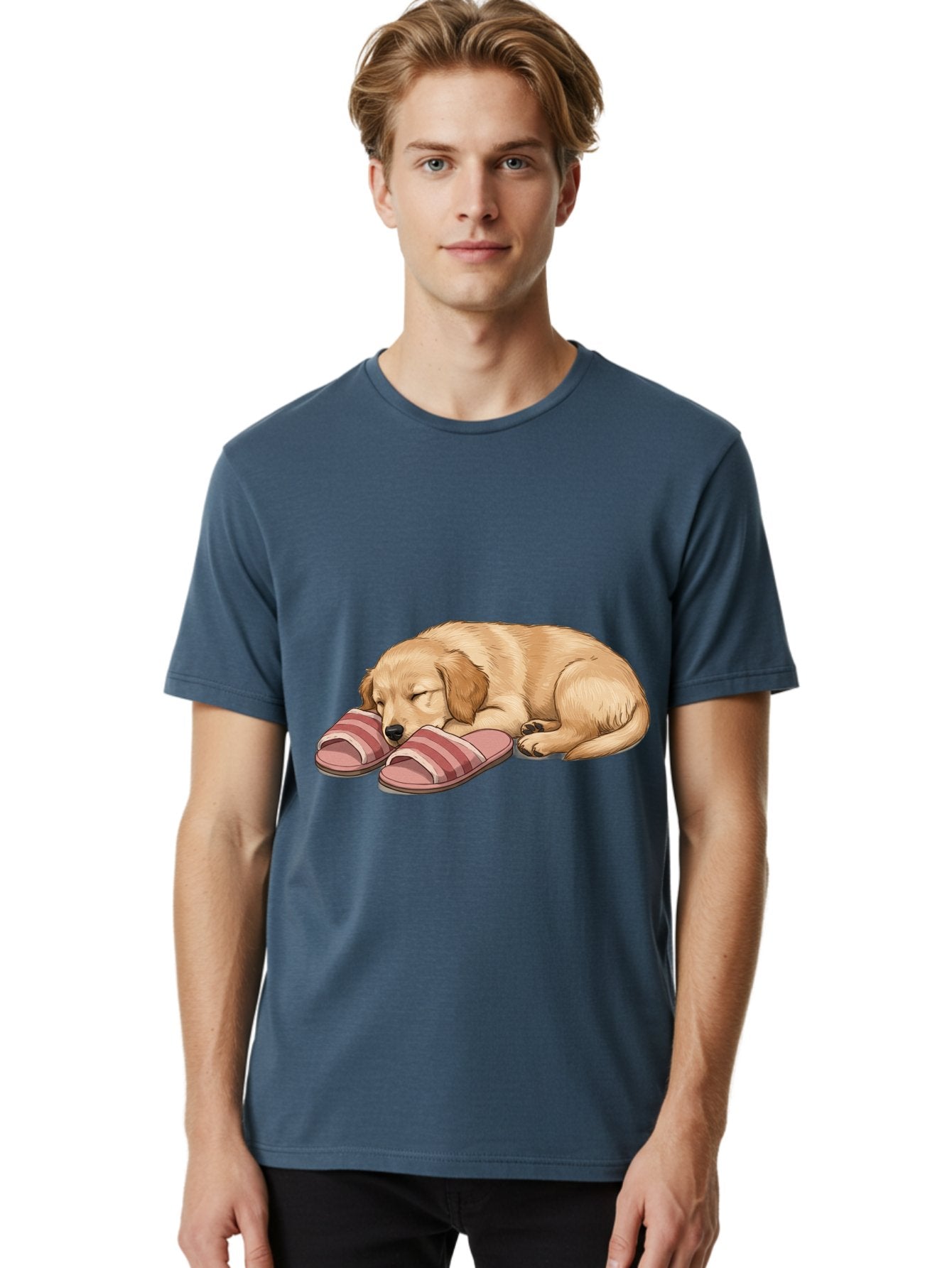 Sleeping-Puppy-2 Men'S Graphic Tee, 100% Cotton, Comfortable Casual Summer Wear, Machine Washable, Adorable Golden Retriever, Sleeping Dog, Puppy Love, Cute Cartoon, Animal Sleep, Dog Relaxation, Flip Flops, Striped Sandals, Peaceful Pup, Bac418 27