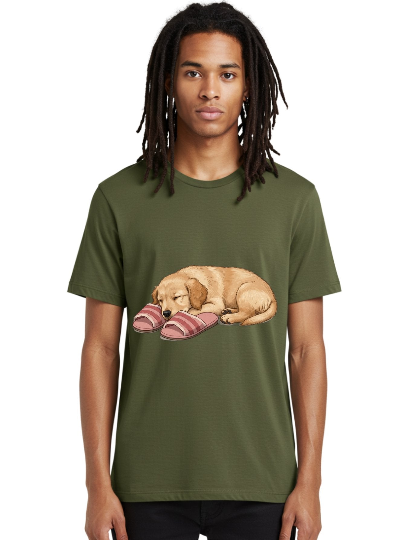 Sleeping-Puppy-2 Men'S Graphic Tee, 100% Cotton, Comfortable Casual Summer Wear, Machine Washable, Adorable Golden Retriever, Sleeping Dog, Puppy Love, Cute Cartoon, Animal Sleep, Dog Relaxation, Flip Flops, Striped Sandals, Peaceful Pup, Bac418 18