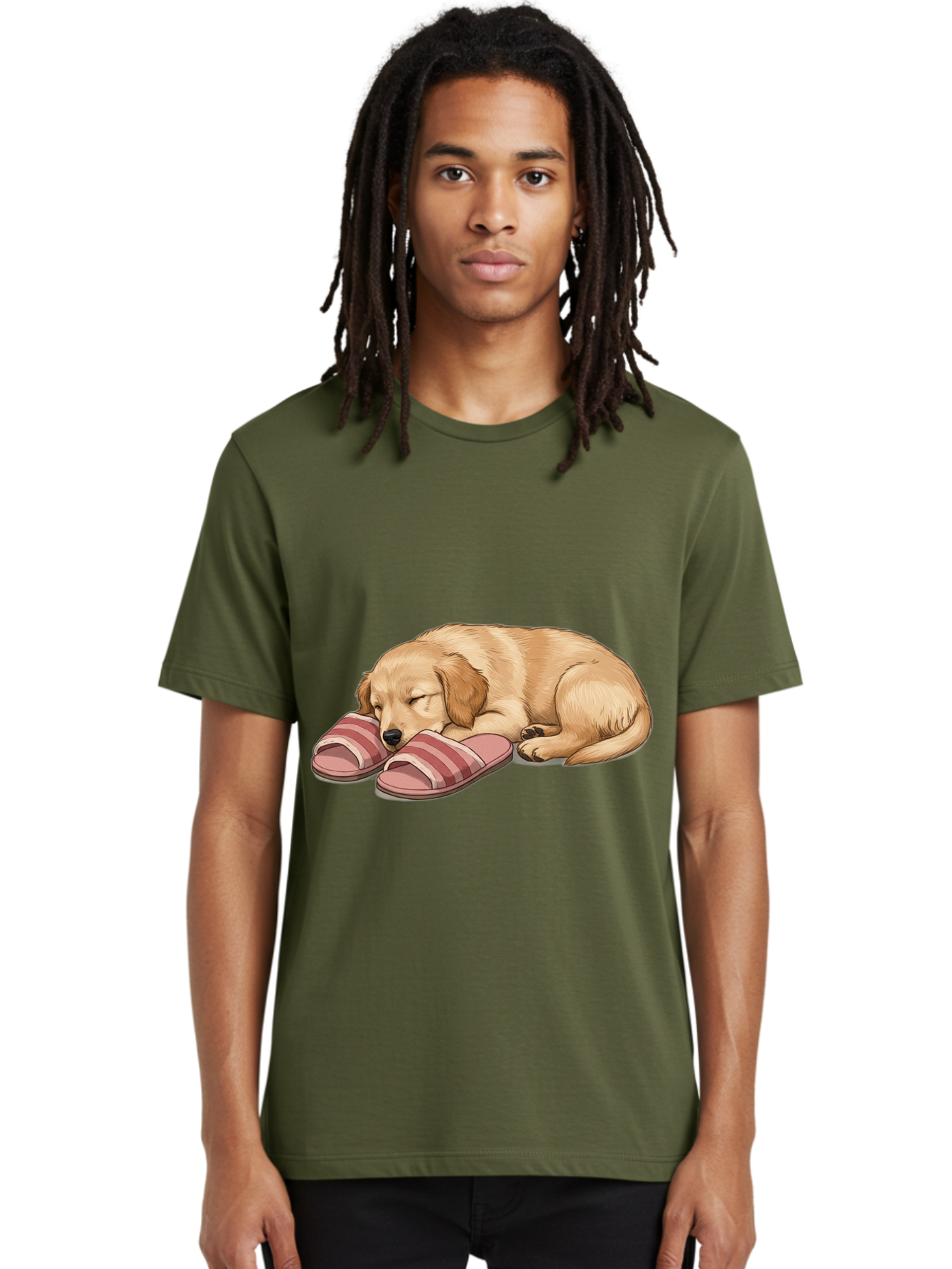 Sleeping-Puppy-2 Men'S Graphic Tee, 100% Cotton, Comfortable Casual Summer Wear, Machine Washable, Adorable Golden Retriever, Sleeping Dog, Puppy Love, Cute Cartoon, Animal Sleep, Dog Relaxation, Flip Flops, Striped Sandals, Peaceful Pup, Bac418 27