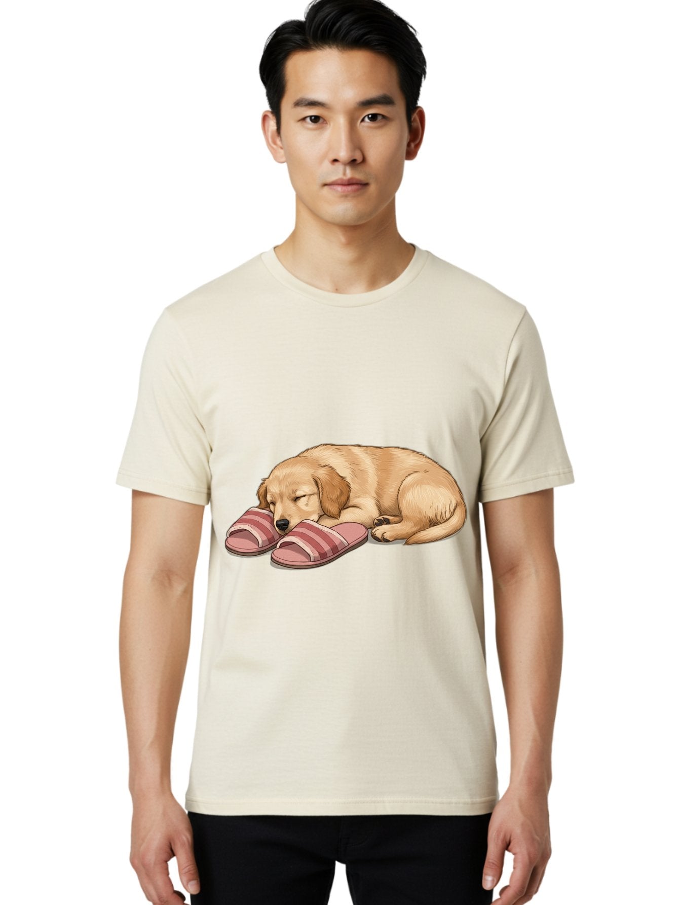 Sleeping-Puppy-2 Men'S Graphic Tee, 100% Cotton, Comfortable Casual Summer Wear, Machine Washable, Adorable Golden Retriever, Sleeping Dog, Puppy Love, Cute Cartoon, Animal Sleep, Dog Relaxation, Flip Flops, Striped Sandals, Peaceful Pup, Bac418 17