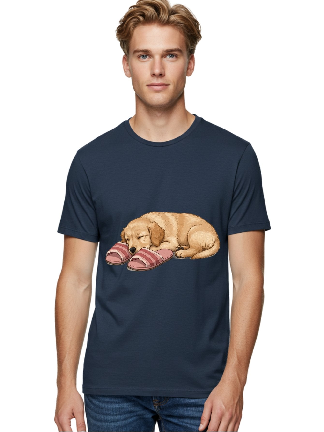 Sleeping-Puppy-2 Men'S Graphic Tee, 100% Cotton, Comfortable Casual Summer Wear, Machine Washable, Adorable Golden Retriever, Sleeping Dog, Puppy Love, Cute Cartoon, Animal Sleep, Dog Relaxation, Flip Flops, Striped Sandals, Peaceful Pup, Bac418 28