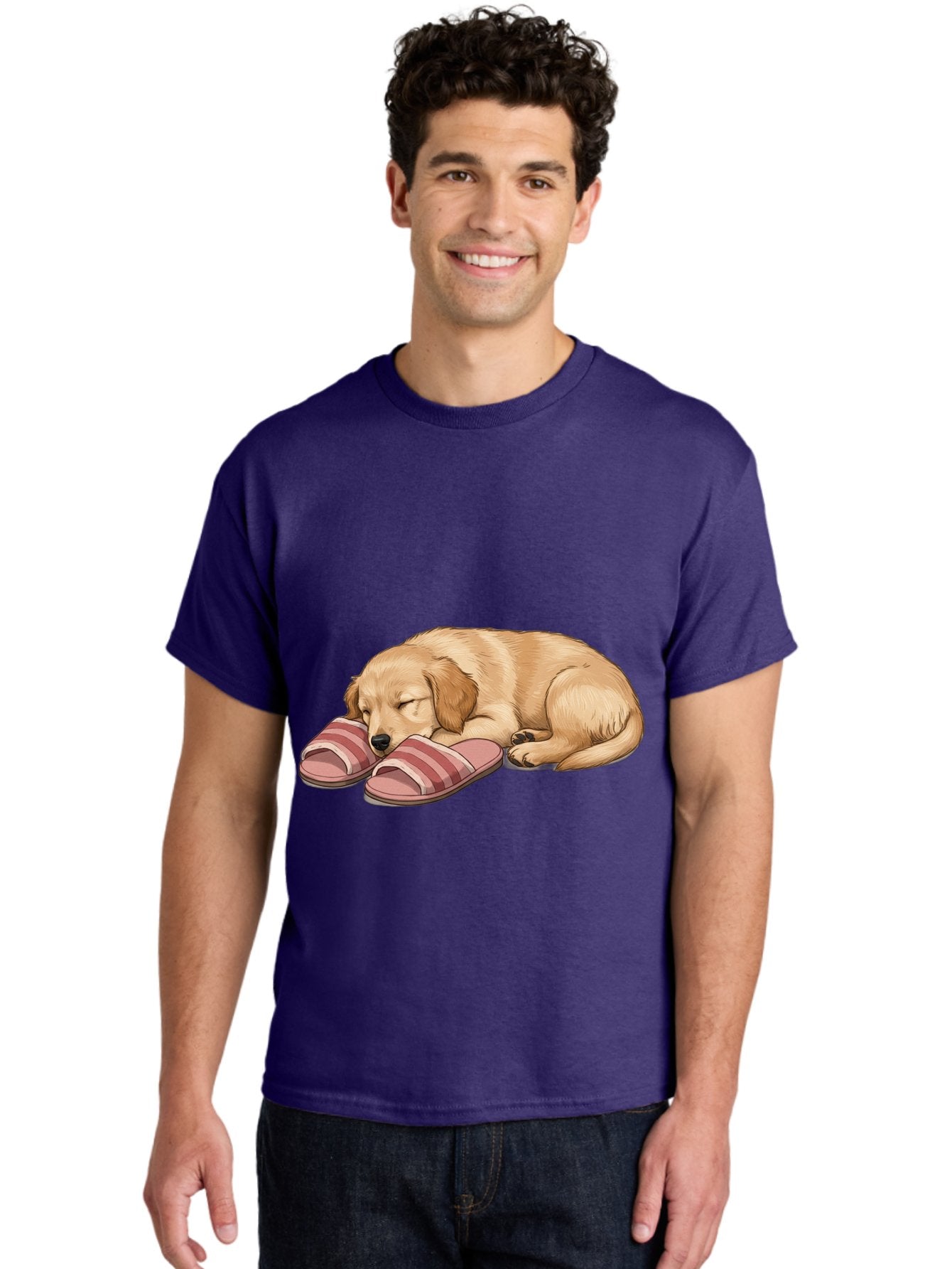 Sleeping-Puppy-2 Men'S Graphic Tee, 100% Cotton, Comfortable Casual Summer Wear, Machine Washable, Adorable Golden Retriever, Sleeping Dog, Puppy Love, Cute Cartoon, Animal Sleep, Dog Relaxation, Flip Flops, Striped Sandals, Peaceful Pup, Bac418 25