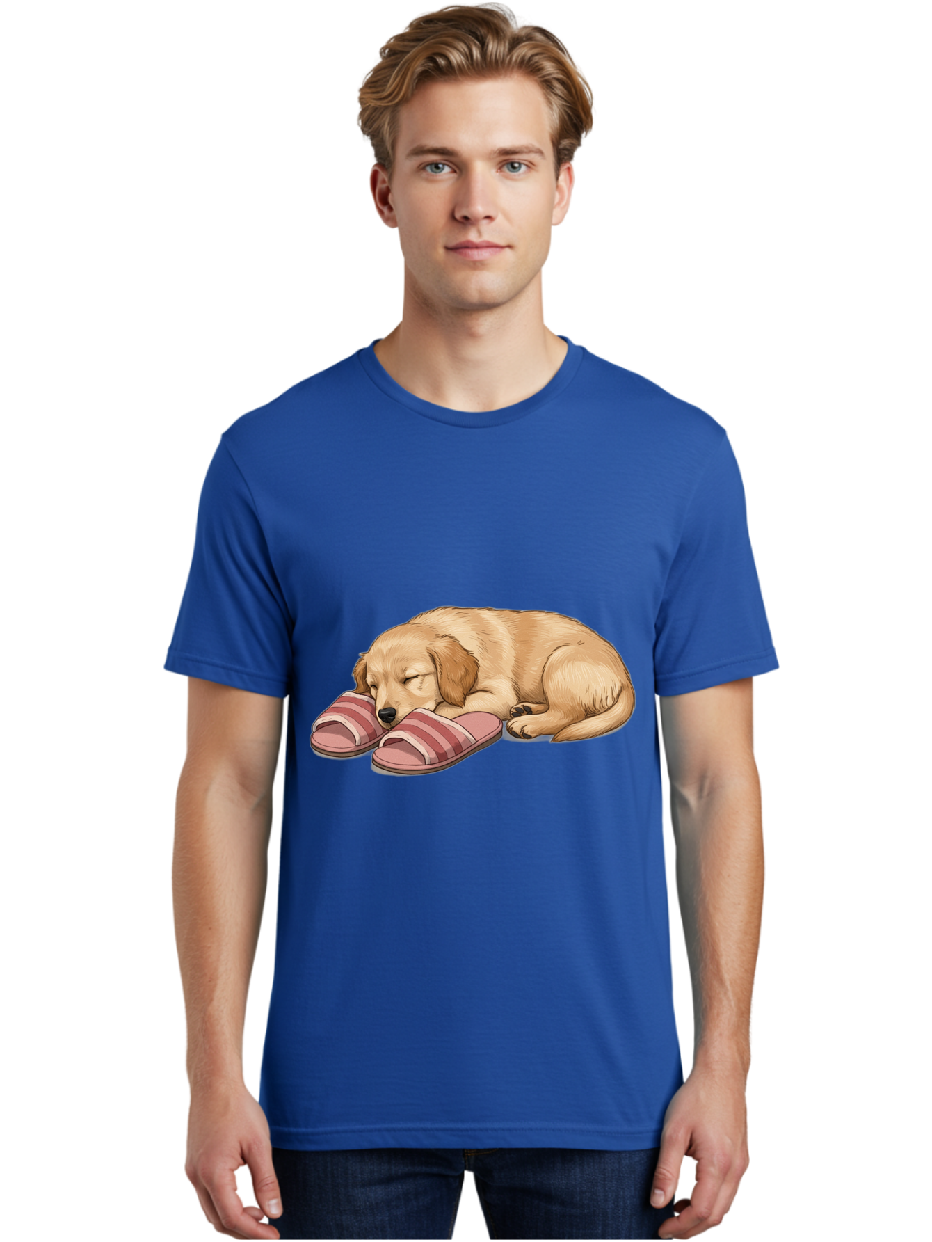 Sleeping-Puppy-2 Men'S Graphic Tee, 100% Cotton, Comfortable Casual Summer Wear, Machine Washable, Adorable Golden Retriever, Sleeping Dog, Puppy Love, Cute Cartoon, Animal Sleep, Dog Relaxation, Flip Flops, Striped Sandals, Peaceful Pup, Bac418 24