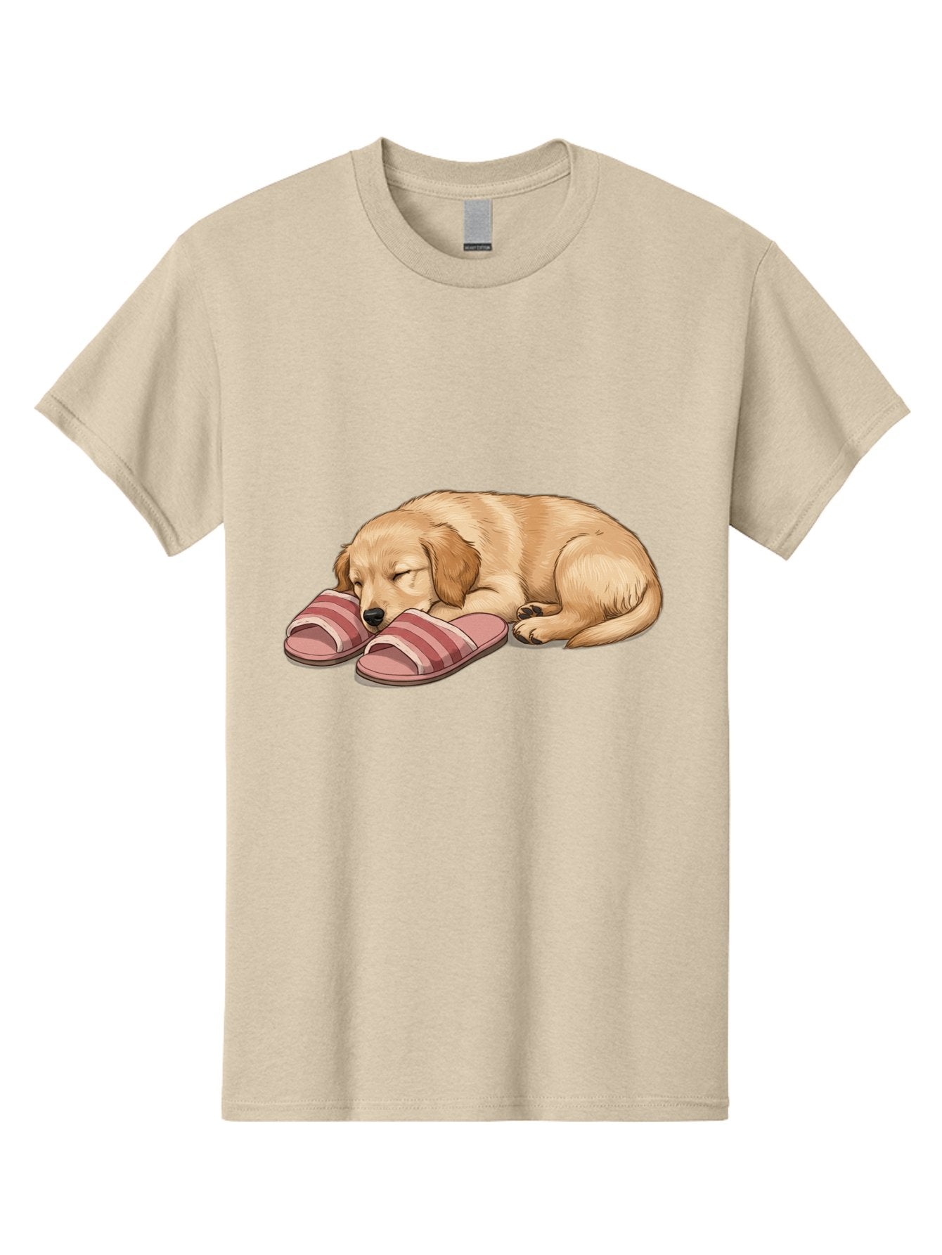 Sleeping-Puppy-2 Men'S Graphic Tee, 100% Cotton, Comfortable Casual Summer Wear, Machine Washable, Adorable Golden Retriever, Sleeping Dog, Puppy Love, Cute Cartoon, Animal Sleep, Dog Relaxation, Flip Flops, Striped Sandals, Peaceful Pup, Bac418 15