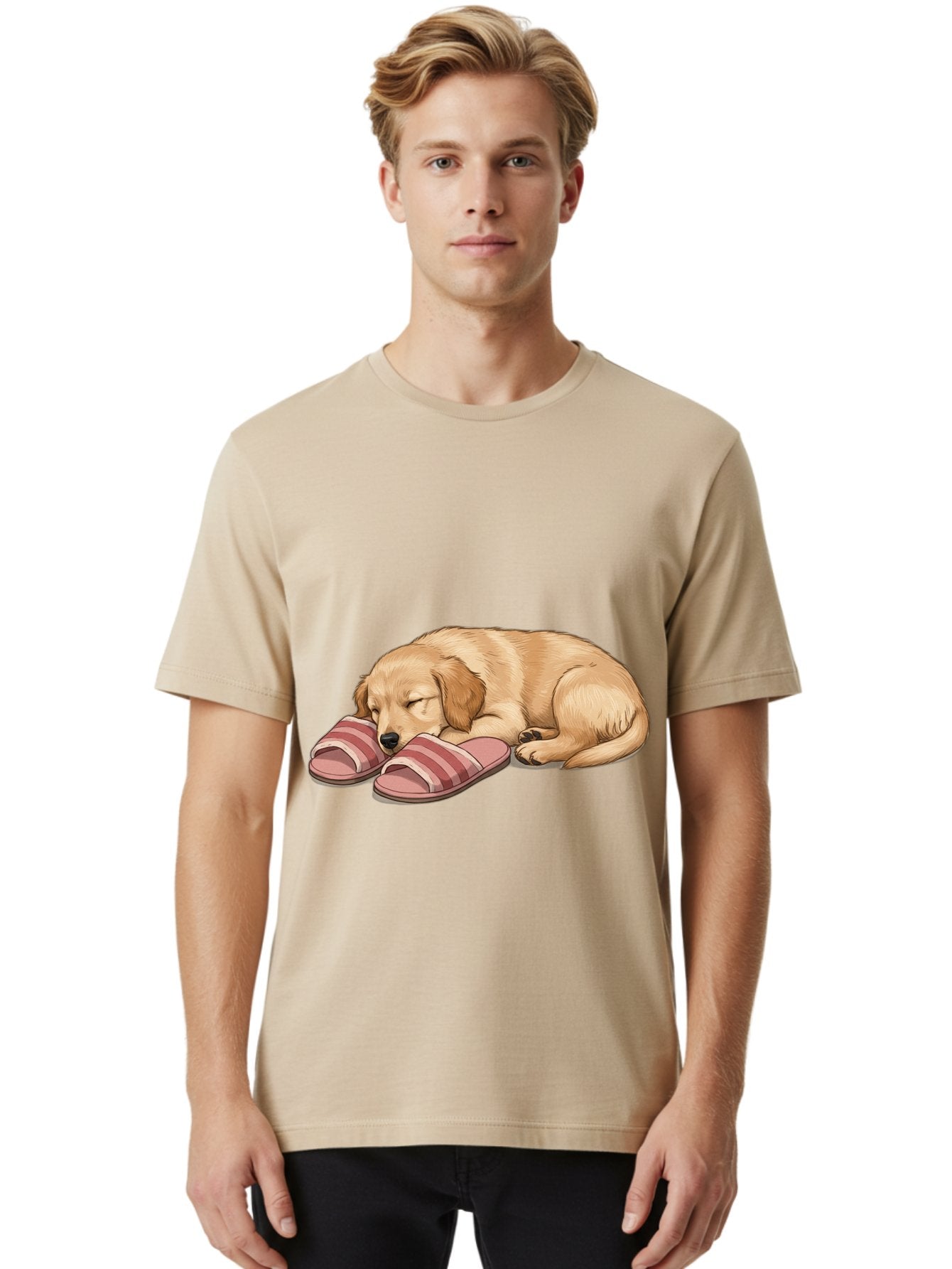 Sleeping-Puppy-2 Men'S Graphic Tee, 100% Cotton, Comfortable Casual Summer Wear, Machine Washable, Adorable Golden Retriever, Sleeping Dog, Puppy Love, Cute Cartoon, Animal Sleep, Dog Relaxation, Flip Flops, Striped Sandals, Peaceful Pup, Bac418 30