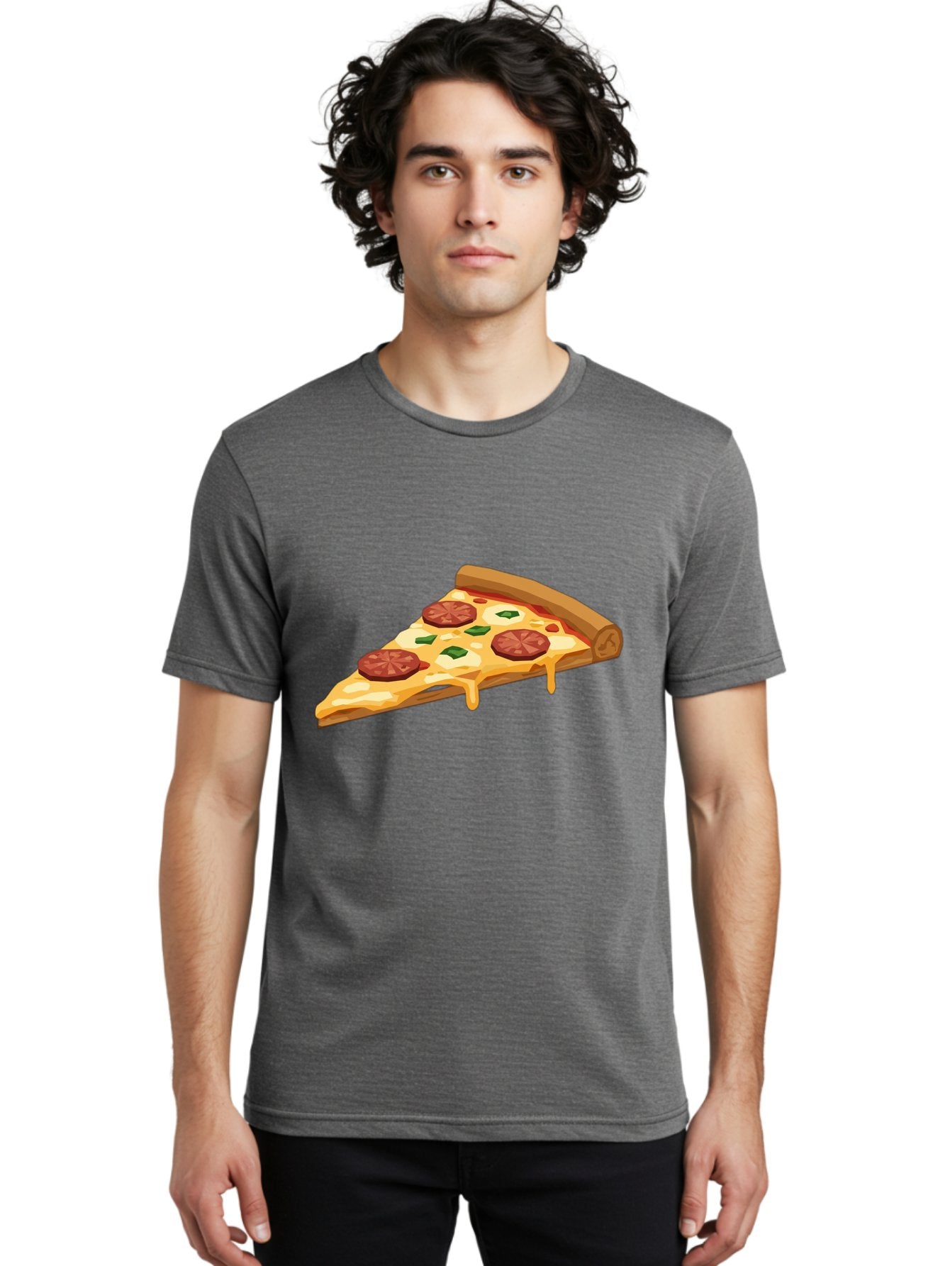 Slice-Of-Pepperoni-Pizza Men'S Graphic Tee, 100% Cotton, Comfortable Casual Summer Wear, Machine Washable, Pepperoni Pizza, Pizza Slice, Melted Cheese, Green Peppers, Red Pepperoni, Crispy Crust, Cheesy Goodness, Savory Delight Bac420 22