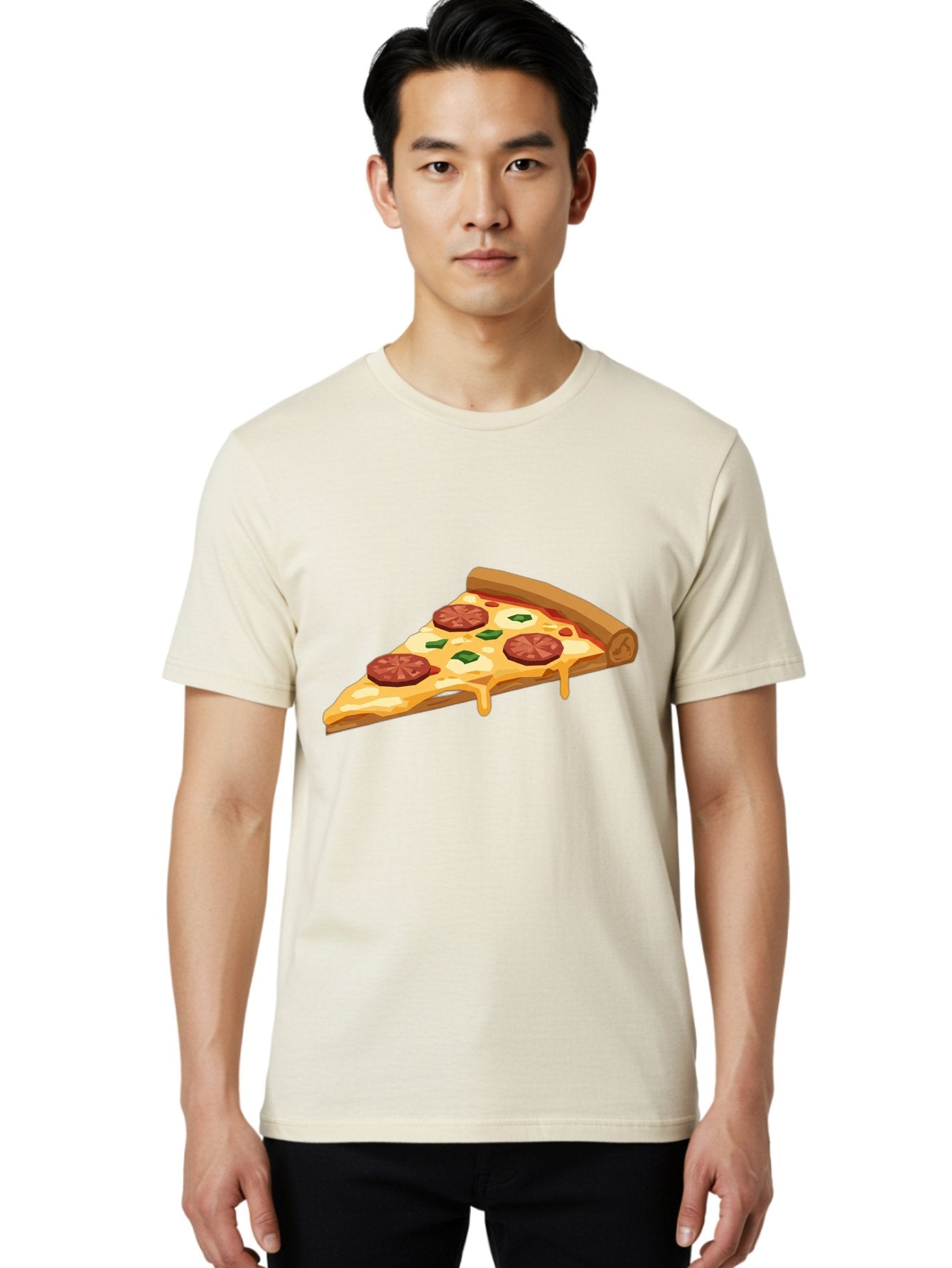 Slice-Of-Pepperoni-Pizza Men'S Graphic Tee, 100% Cotton, Comfortable Casual Summer Wear, Machine Washable, Pepperoni Pizza, Pizza Slice, Melted Cheese, Green Peppers, Red Pepperoni, Crispy Crust, Cheesy Goodness, Savory Delight Bac420 16