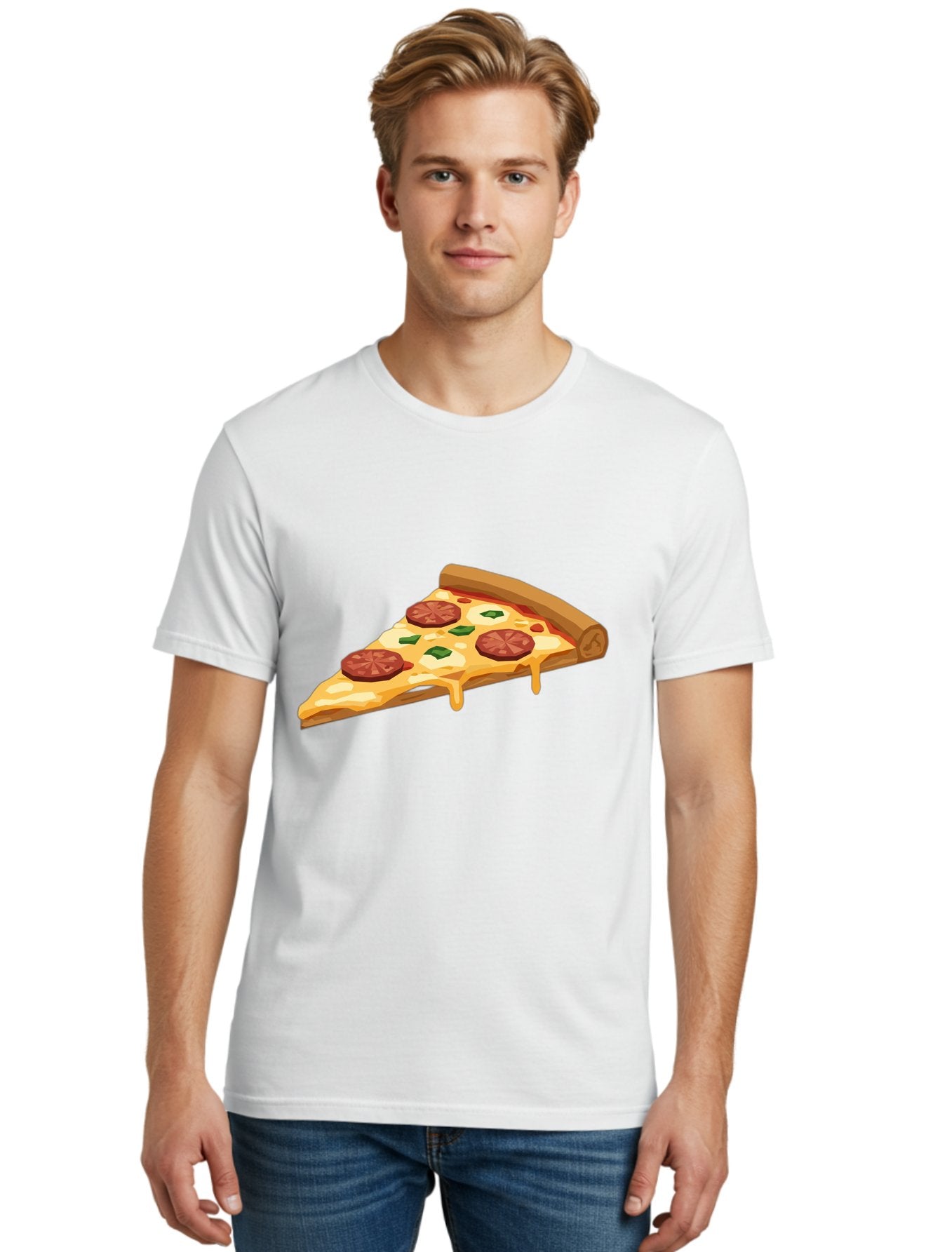 Slice-Of-Pepperoni-Pizza Men'S Graphic Tee, 100% Cotton, Comfortable Casual Summer Wear, Machine Washable, Pepperoni Pizza, Pizza Slice, Melted Cheese, Green Peppers, Red Pepperoni, Crispy Crust, Cheesy Goodness, Savory Delight Bac420 28