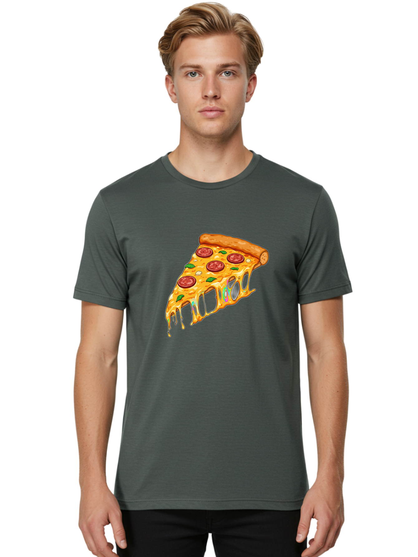 Slice-Of-Pizza Men'S Graphic Tee, 100% Cotton, Comfortable Casual Summer Wear, Machine Washable, Melted Cheese, Pepperoni Pizza, Cheesy Goodness, Melted Mozzarella, Savory Delight, Italian Cuisine, Pizza Love, Tasty Treat, Foodie Favorite Bac421 24
