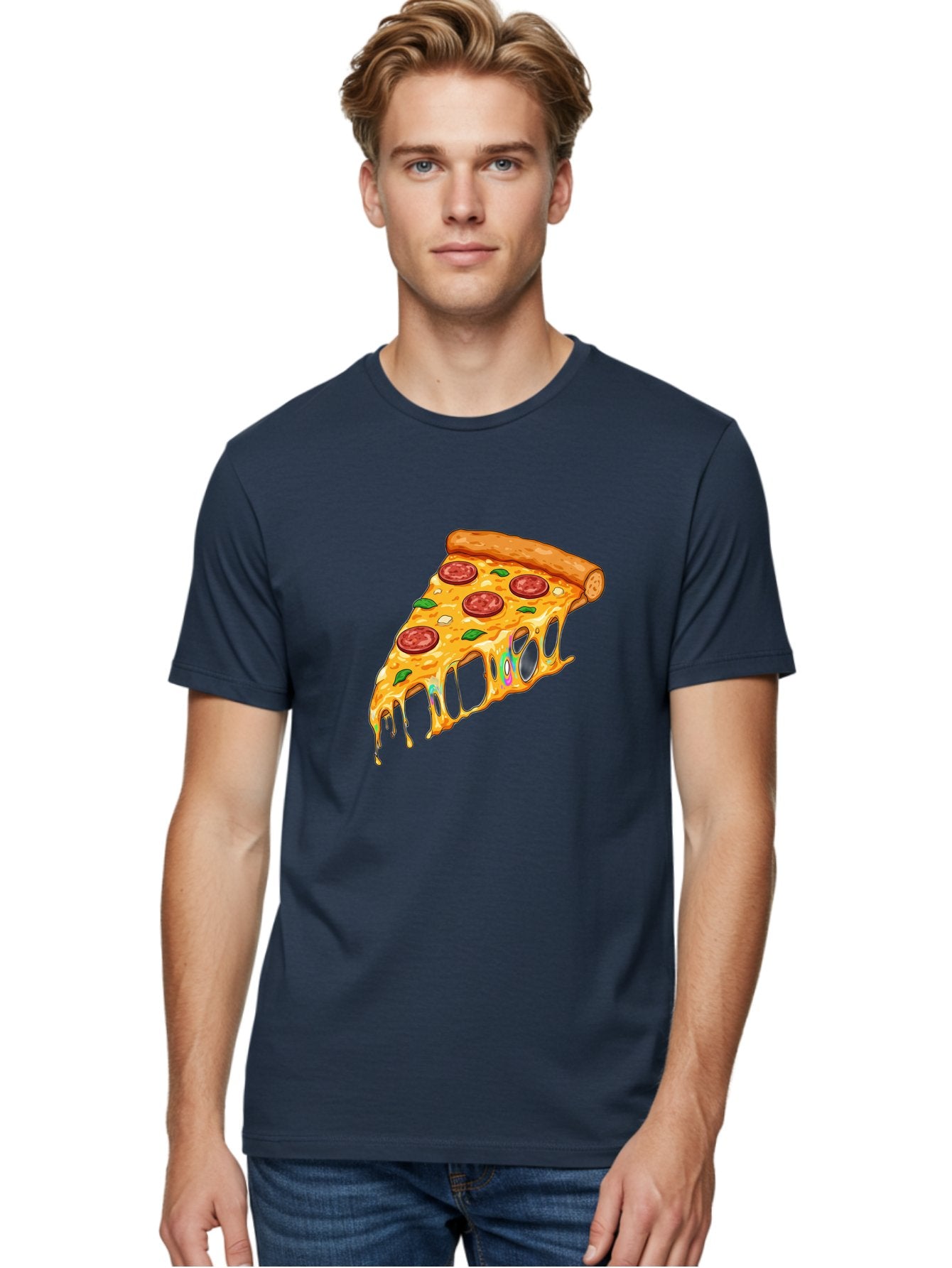 Slice-Of-Pizza Men'S Graphic Tee, 100% Cotton, Comfortable Casual Summer Wear, Machine Washable, Melted Cheese, Pepperoni Pizza, Cheesy Goodness, Melted Mozzarella, Savory Delight, Italian Cuisine, Pizza Love, Tasty Treat, Foodie Favorite Bac421 24