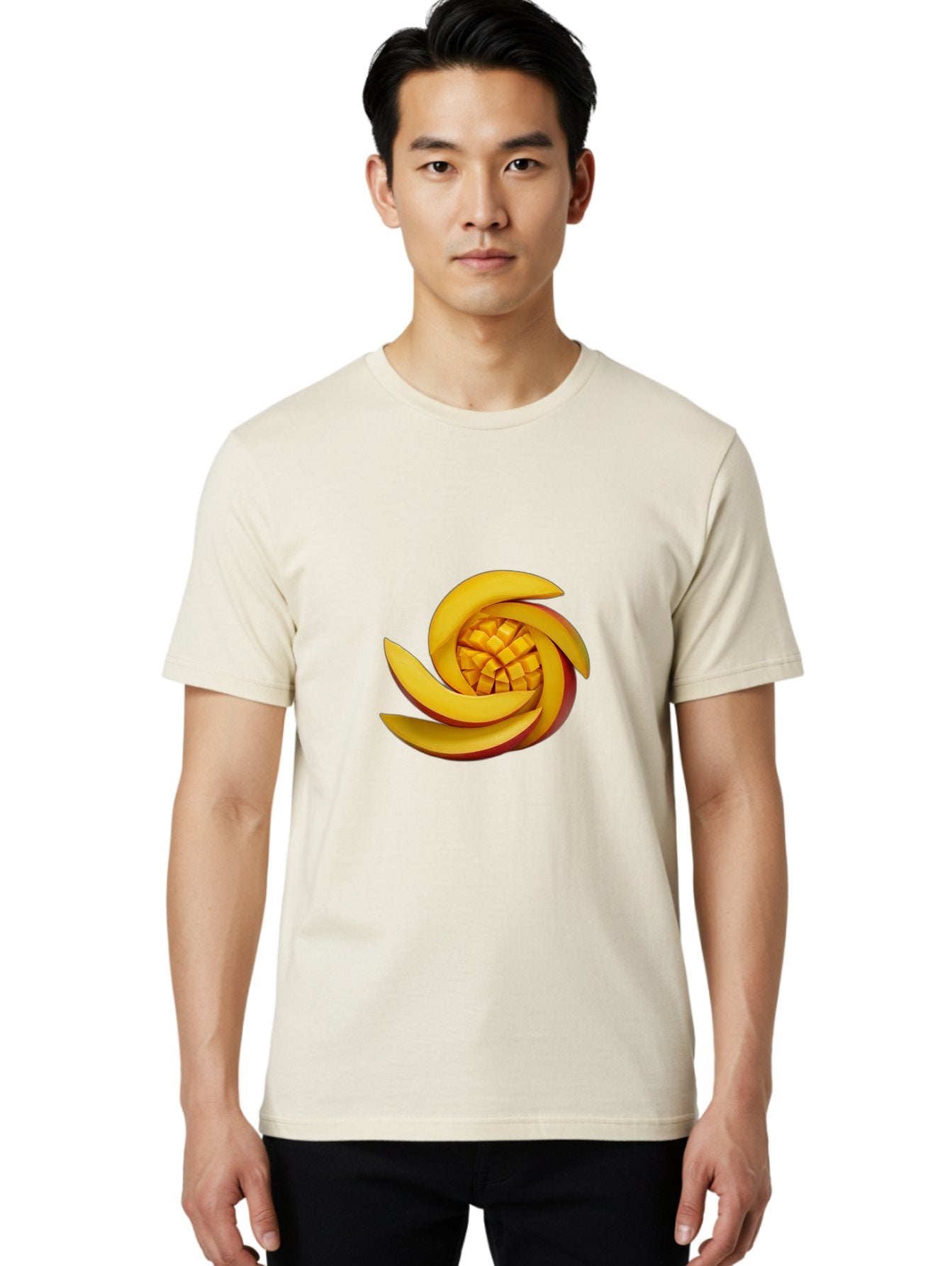Sliced-Mango Men'S Graphic Tee, 100% Cotton, Comfortable Casual Summer Wear, Machine Washable, Sliced Mango, Mango Slices, Diced Mango, Tropical Fruit, Fresh Fruit, Vibrant Colors, Healthy Snack, Fruit Arrangement, Mango Chunks, Juicy Texture Bac422 25