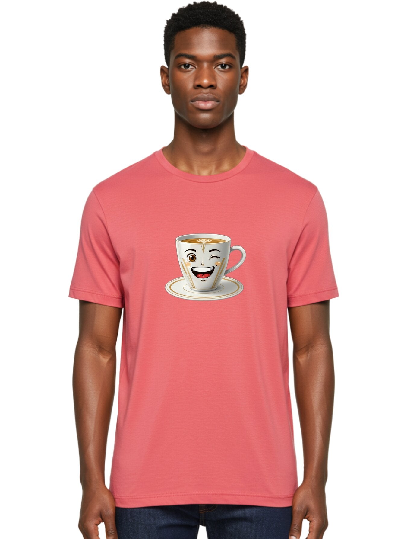 Smiling-Coffee-Cup Men'S Graphic Tee, 100% Cotton, Comfortable Casual Summer Wear, Machine Washable, Happy Coffee Cup, Smiling Face, Brown Coffee, Gold Accents, White Porcelain, Cute Design, Morning Coffee, Cheerful Emoji, Friendly Icon Bac424 30