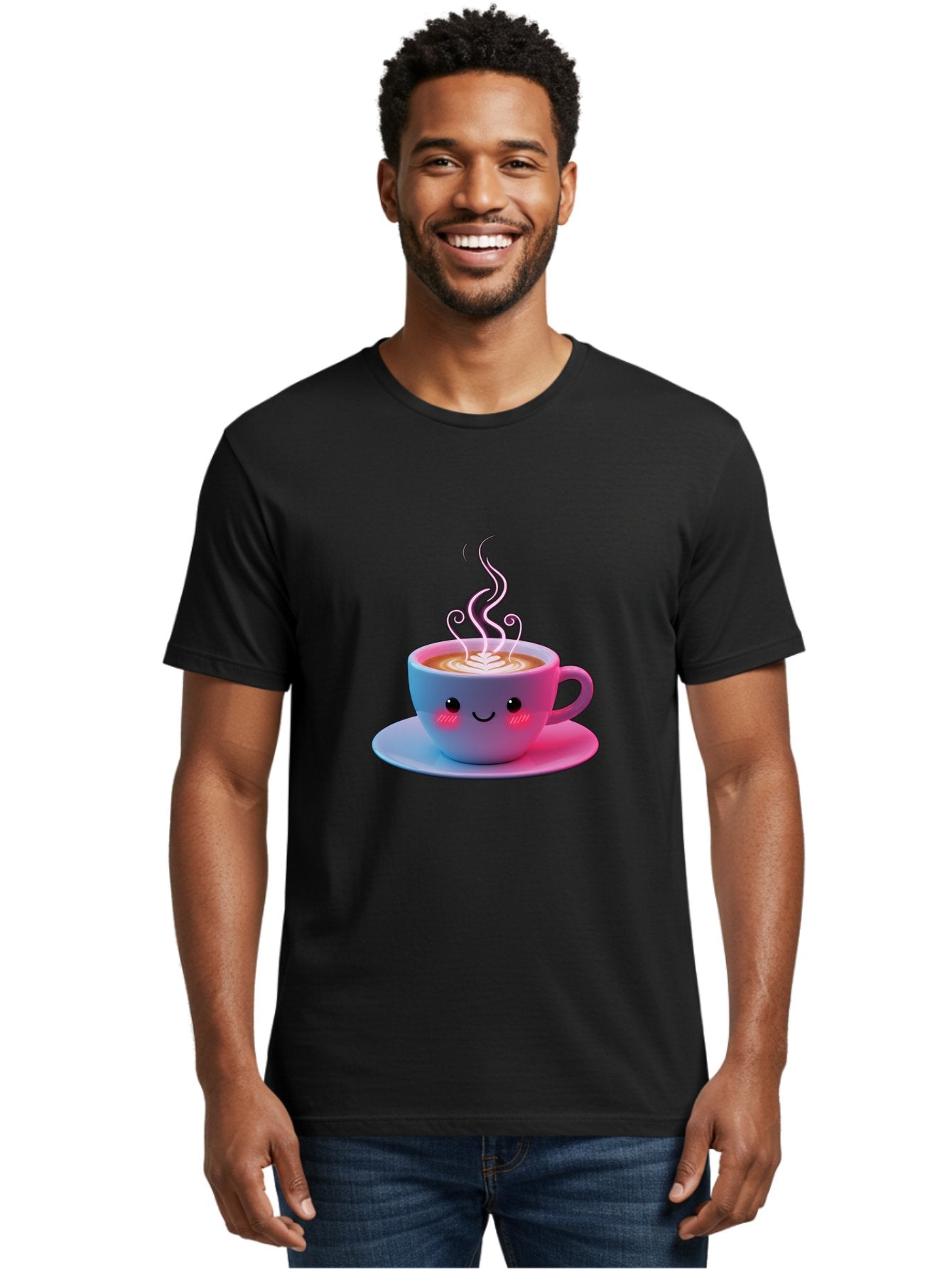 Smiling-Coffee-Mug Men'S Graphic Tee, 100% Cotton, Comfortable Casual Summer Wear, Machine Washable, Kawaii Coffee Cup, Steaming Hot Cappuccino, Latte Art, Smiling Face, Pink Cheeks, Adorable Design, Morning Coffee, Coffee Lover, Bac425 22
