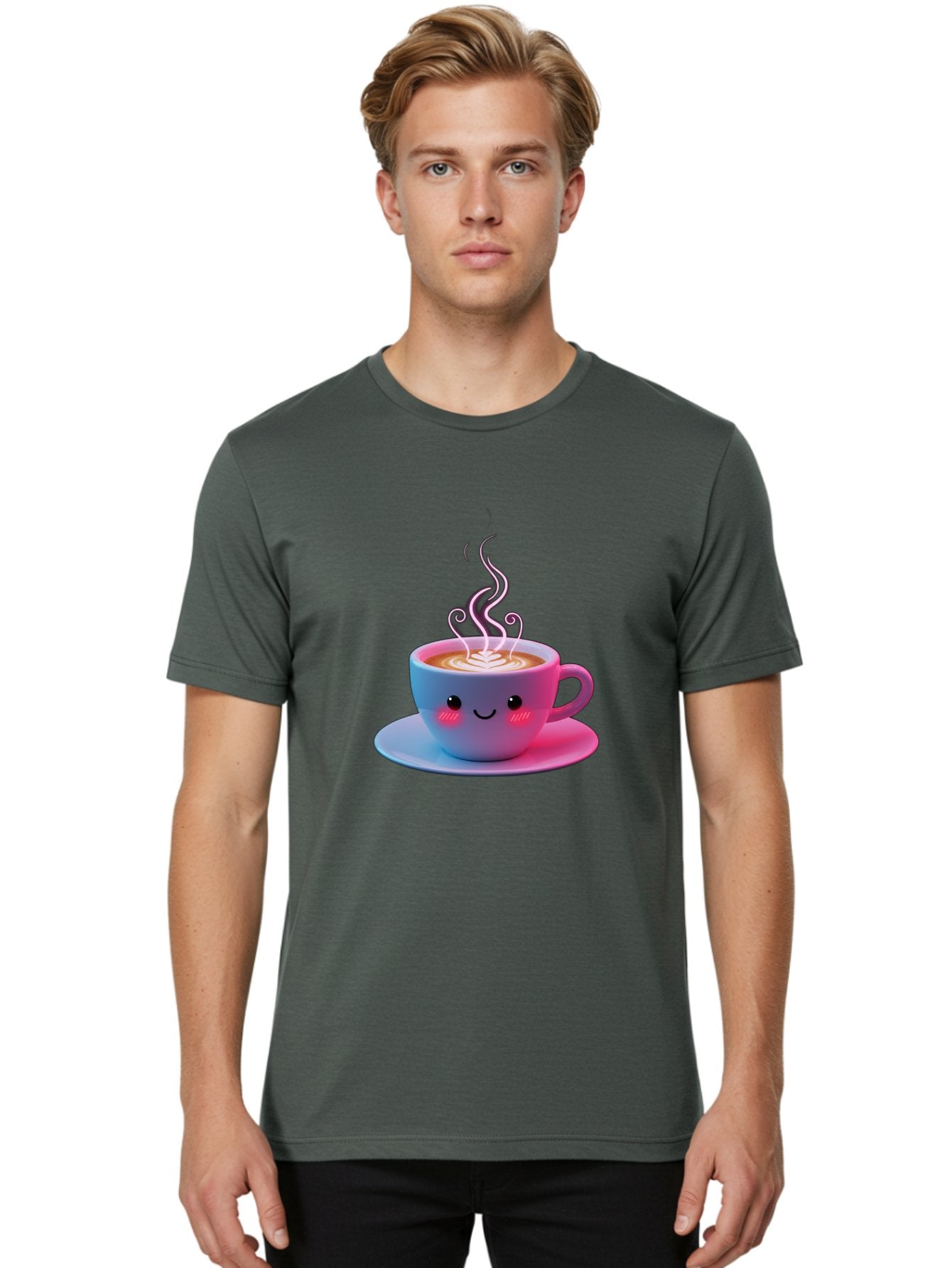 Smiling-Coffee-Mug Men'S Graphic Tee, 100% Cotton, Comfortable Casual Summer Wear, Machine Washable, Kawaii Coffee Cup, Steaming Hot Cappuccino, Latte Art, Smiling Face, Pink Cheeks, Adorable Design, Morning Coffee, Coffee Lover, Bac425 16