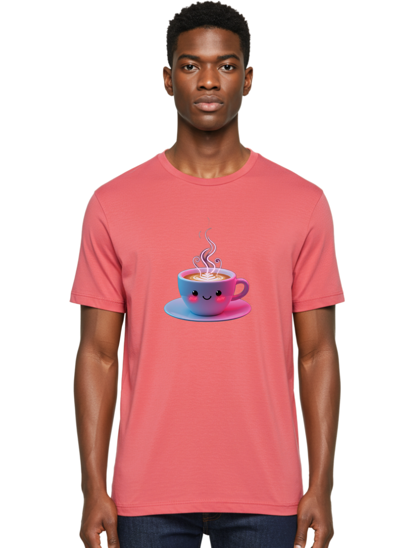 Smiling-Coffee-Mug Men'S Graphic Tee, 100% Cotton, Comfortable Casual Summer Wear, Machine Washable, Kawaii Coffee Cup, Steaming Hot Cappuccino, Latte Art, Smiling Face, Pink Cheeks, Adorable Design, Morning Coffee, Coffee Lover, Bac425 27