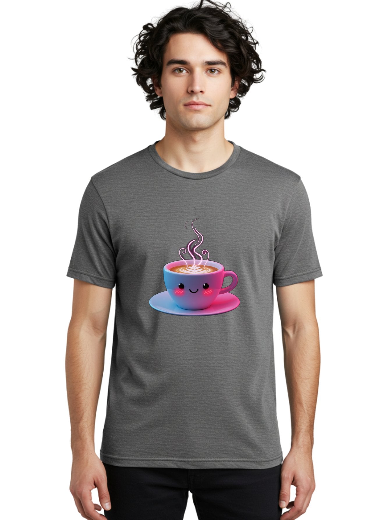 Smiling-Coffee-Mug Men'S Graphic Tee, 100% Cotton, Comfortable Casual Summer Wear, Machine Washable, Kawaii Coffee Cup, Steaming Hot Cappuccino, Latte Art, Smiling Face, Pink Cheeks, Adorable Design, Morning Coffee, Coffee Lover, Bac425 17