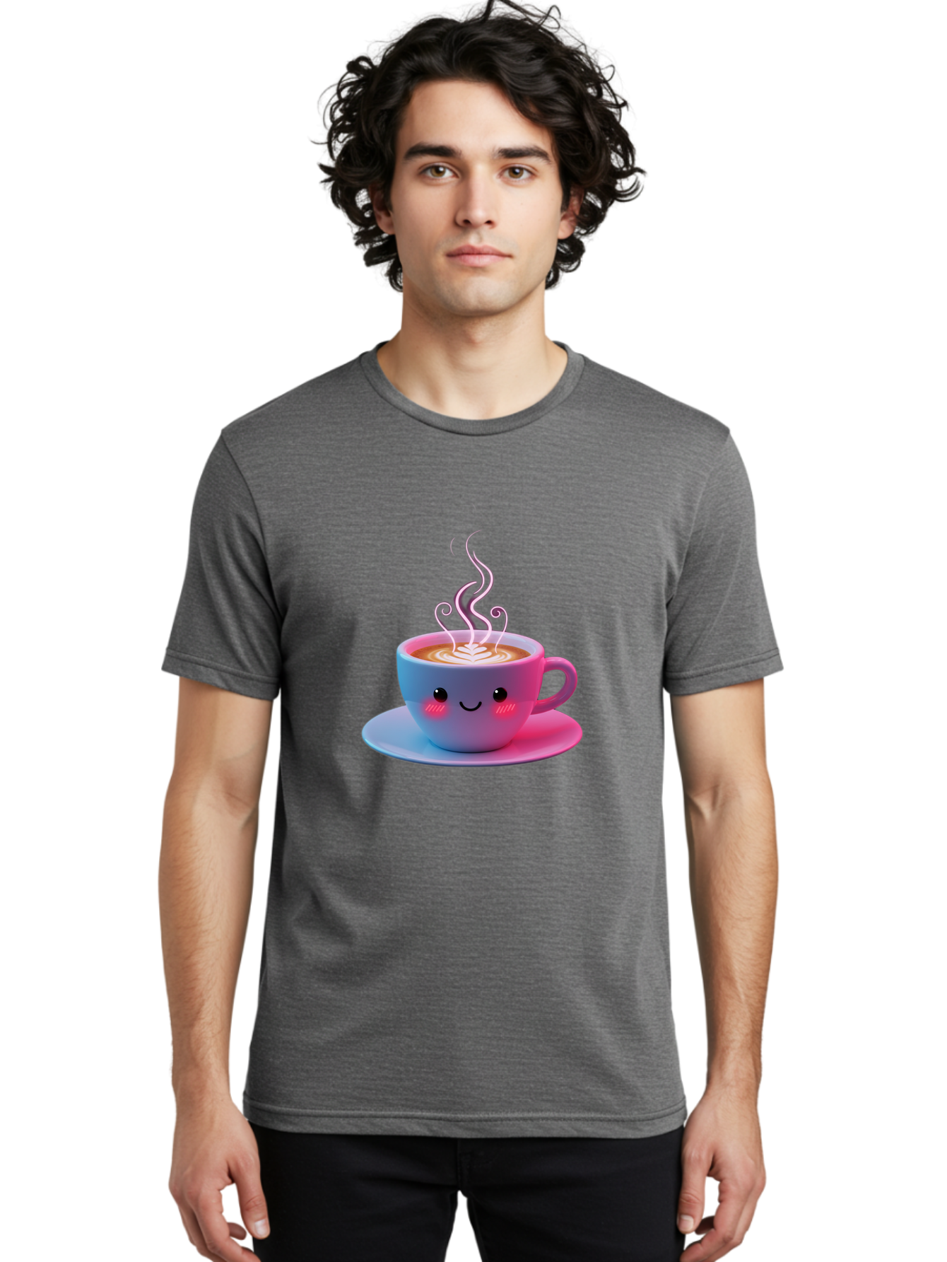 Smiling-Coffee-Mug Men'S Graphic Tee, 100% Cotton, Comfortable Casual Summer Wear, Machine Washable, Kawaii Coffee Cup, Steaming Hot Cappuccino, Latte Art, Smiling Face, Pink Cheeks, Adorable Design, Morning Coffee, Coffee Lover, Bac425 29