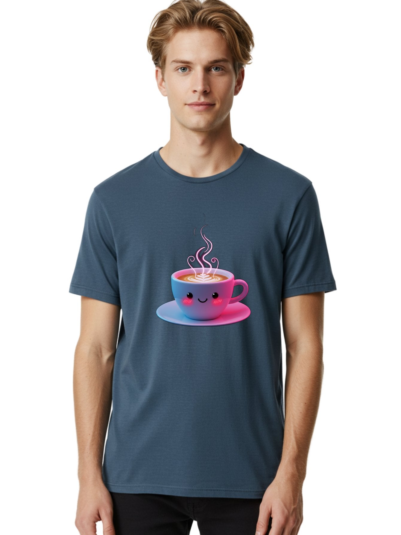 Smiling-Coffee-Mug Men'S Graphic Tee, 100% Cotton, Comfortable Casual Summer Wear, Machine Washable, Kawaii Coffee Cup, Steaming Hot Cappuccino, Latte Art, Smiling Face, Pink Cheeks, Adorable Design, Morning Coffee, Coffee Lover, Bac425 28