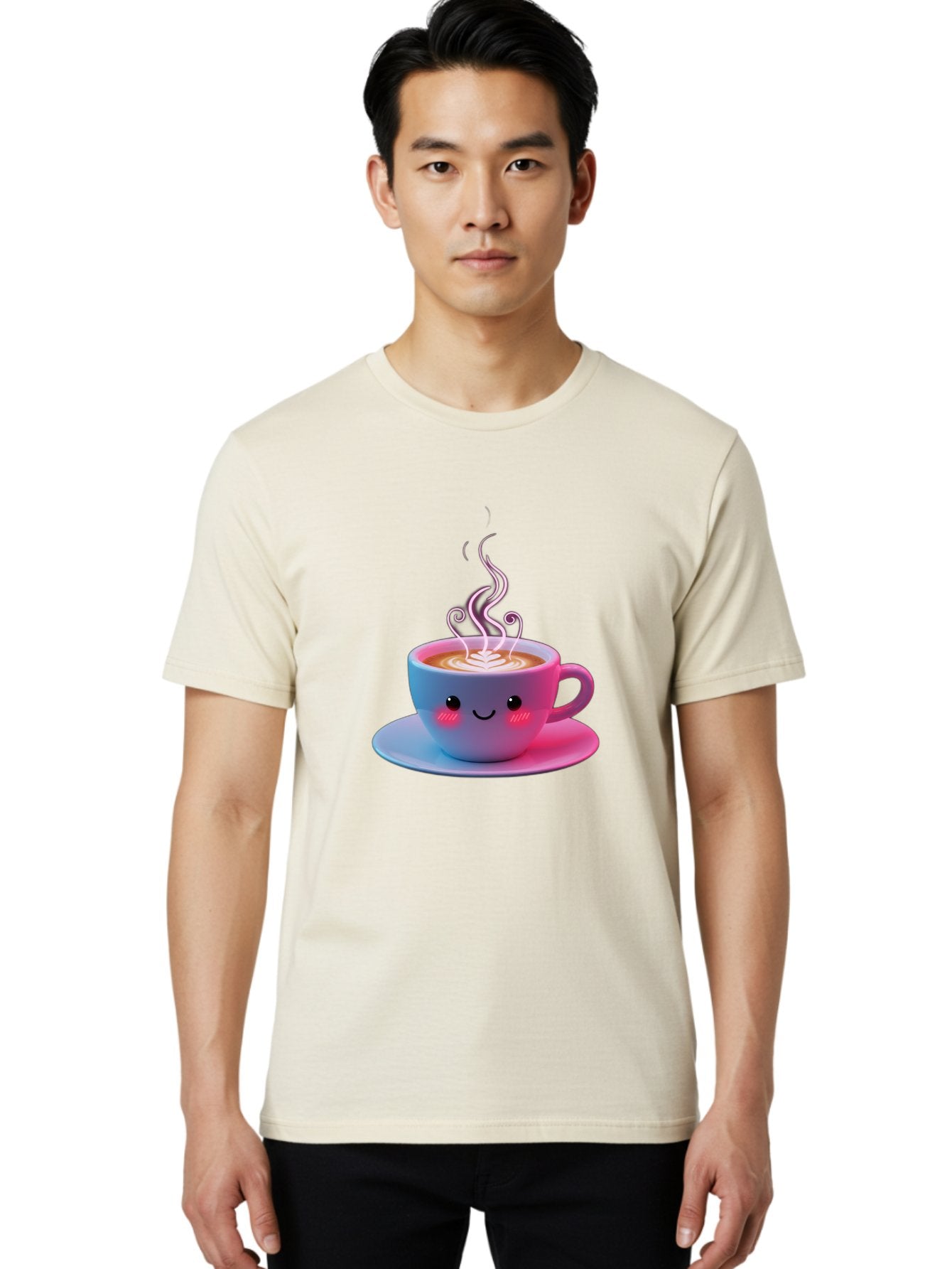 Smiling-Coffee-Mug Men'S Graphic Tee, 100% Cotton, Comfortable Casual Summer Wear, Machine Washable, Kawaii Coffee Cup, Steaming Hot Cappuccino, Latte Art, Smiling Face, Pink Cheeks, Adorable Design, Morning Coffee, Coffee Lover, Bac425 26