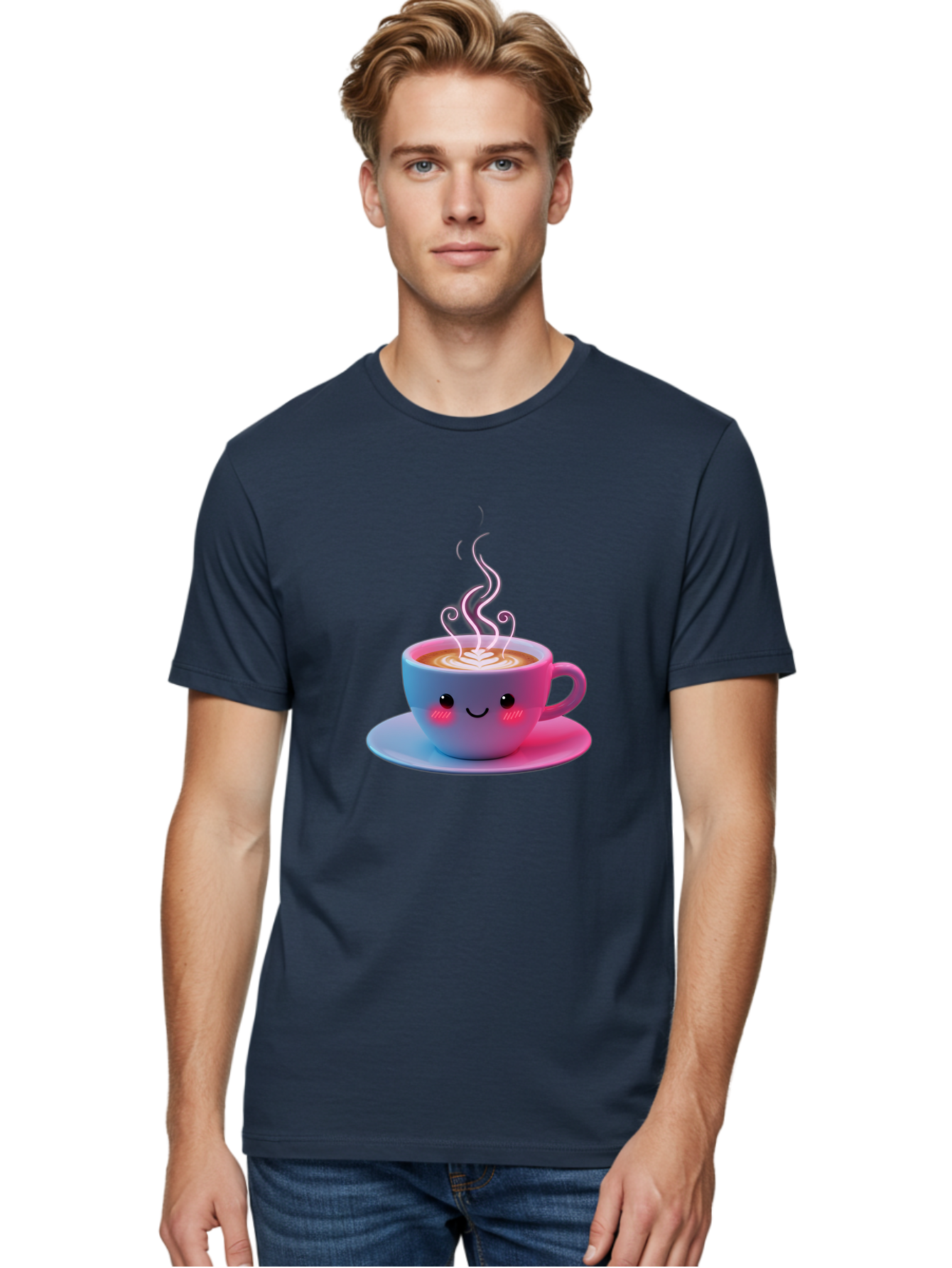 Smiling-Coffee-Mug Men'S Graphic Tee, 100% Cotton, Comfortable Casual Summer Wear, Machine Washable, Kawaii Coffee Cup, Steaming Hot Cappuccino, Latte Art, Smiling Face, Pink Cheeks, Adorable Design, Morning Coffee, Coffee Lover, Bac425 21