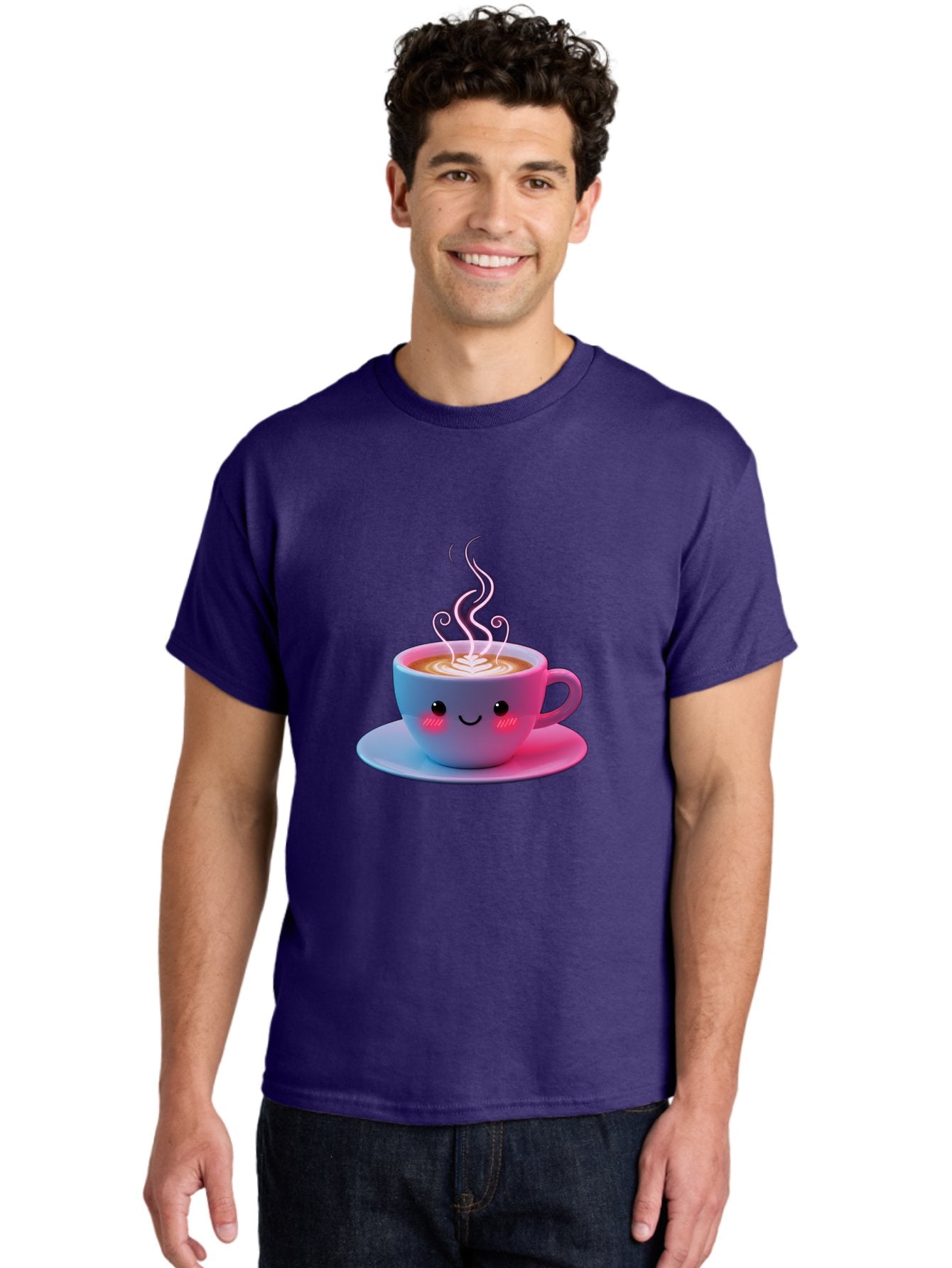 Smiling-Coffee-Mug Men'S Graphic Tee, 100% Cotton, Comfortable Casual Summer Wear, Machine Washable, Kawaii Coffee Cup, Steaming Hot Cappuccino, Latte Art, Smiling Face, Pink Cheeks, Adorable Design, Morning Coffee, Coffee Lover, Bac425 21