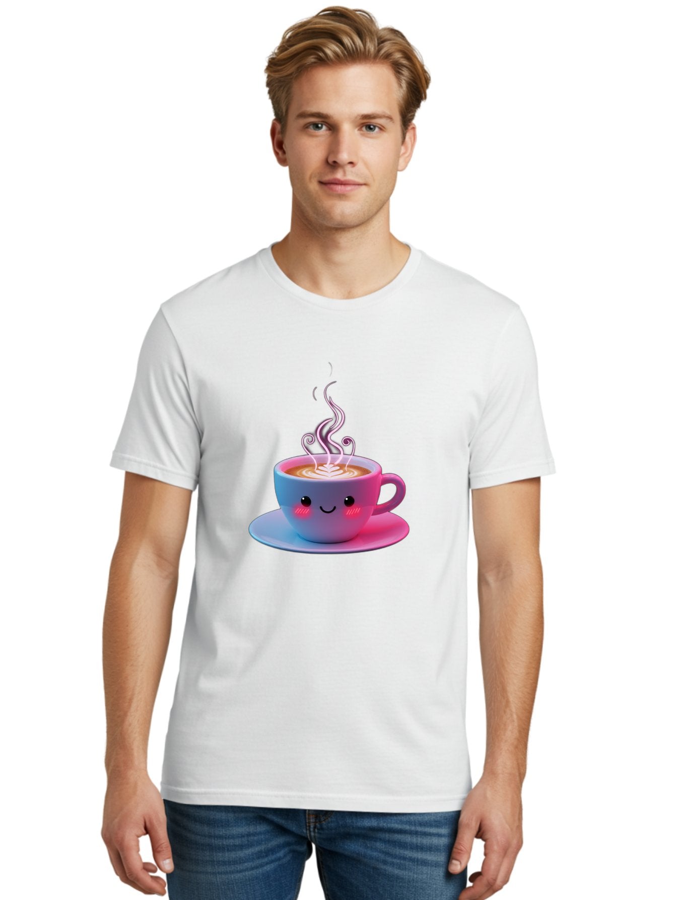 Smiling-Coffee-Mug Men'S Graphic Tee, 100% Cotton, Comfortable Casual Summer Wear, Machine Washable, Kawaii Coffee Cup, Steaming Hot Cappuccino, Latte Art, Smiling Face, Pink Cheeks, Adorable Design, Morning Coffee, Coffee Lover, Bac425 20