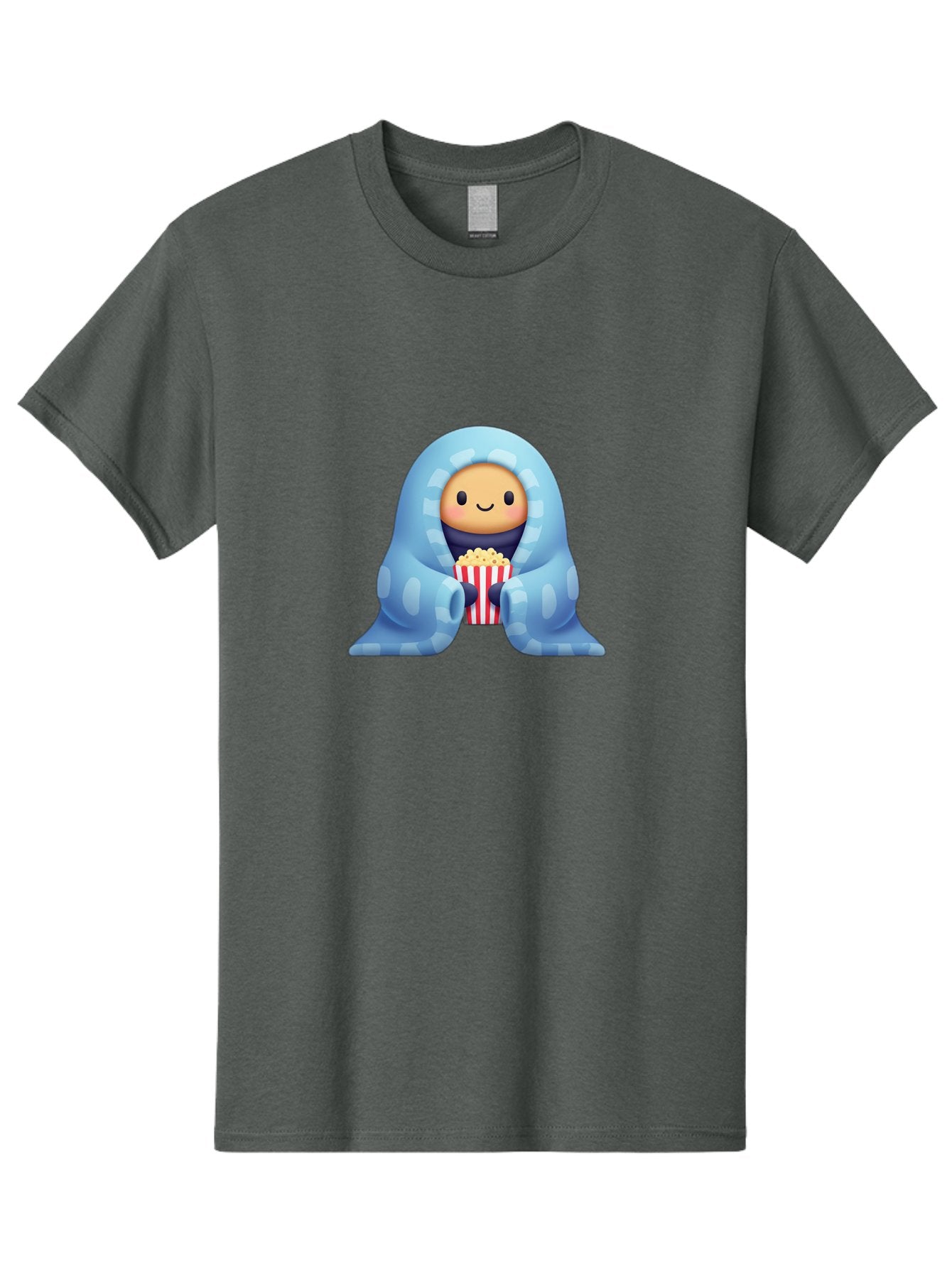 Smiling-Face-With-Popcorn Men'S Graphic Tee, 100% Cotton, Comfortable Casual Summer Wear, Machine Washable, Cartoon Character, Smiling Face, Snuggled Up, Blue Blanket, Red And White Striped Bucket, Popcorn, Cozy Atmosphere, Relaxed Vibe, Bac426 15