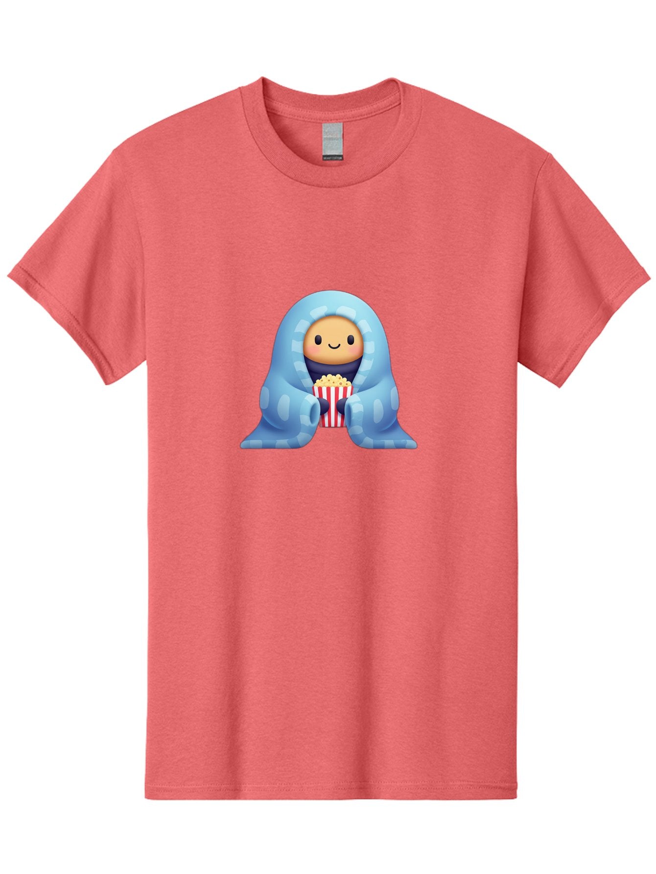 Smiling-Face-With-Popcorn Men'S Graphic Tee, 100% Cotton, Comfortable Casual Summer Wear, Machine Washable, Cartoon Character, Smiling Face, Snuggled Up, Blue Blanket, Red And White Striped Bucket, Popcorn, Cozy Atmosphere, Relaxed Vibe, Bac426 9