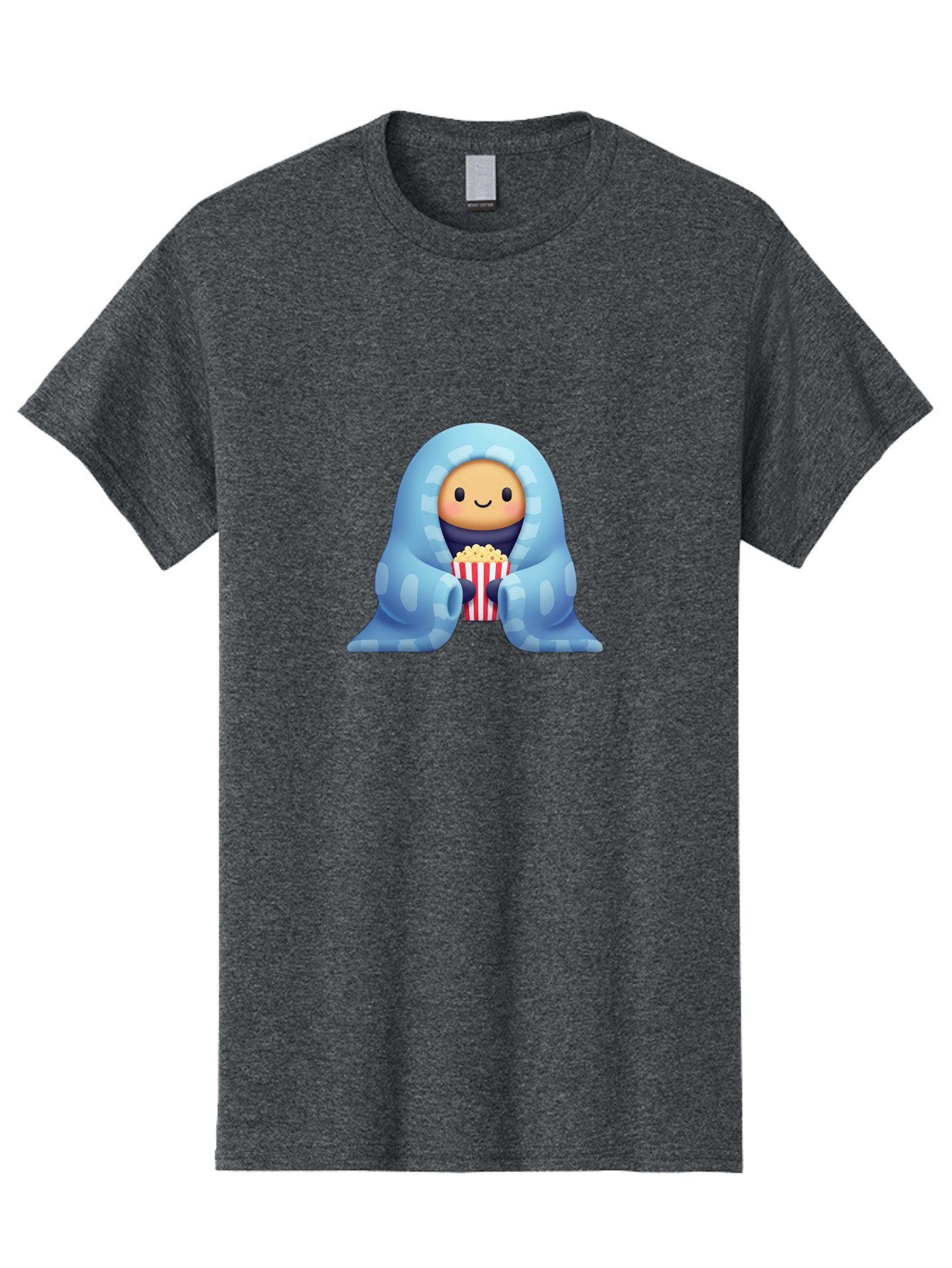 Smiling-Face-With-Popcorn Men'S Graphic Tee, 100% Cotton, Comfortable Casual Summer Wear, Machine Washable, Cartoon Character, Smiling Face, Snuggled Up, Blue Blanket, Red And White Striped Bucket, Popcorn, Cozy Atmosphere, Relaxed Vibe, Bac426 4