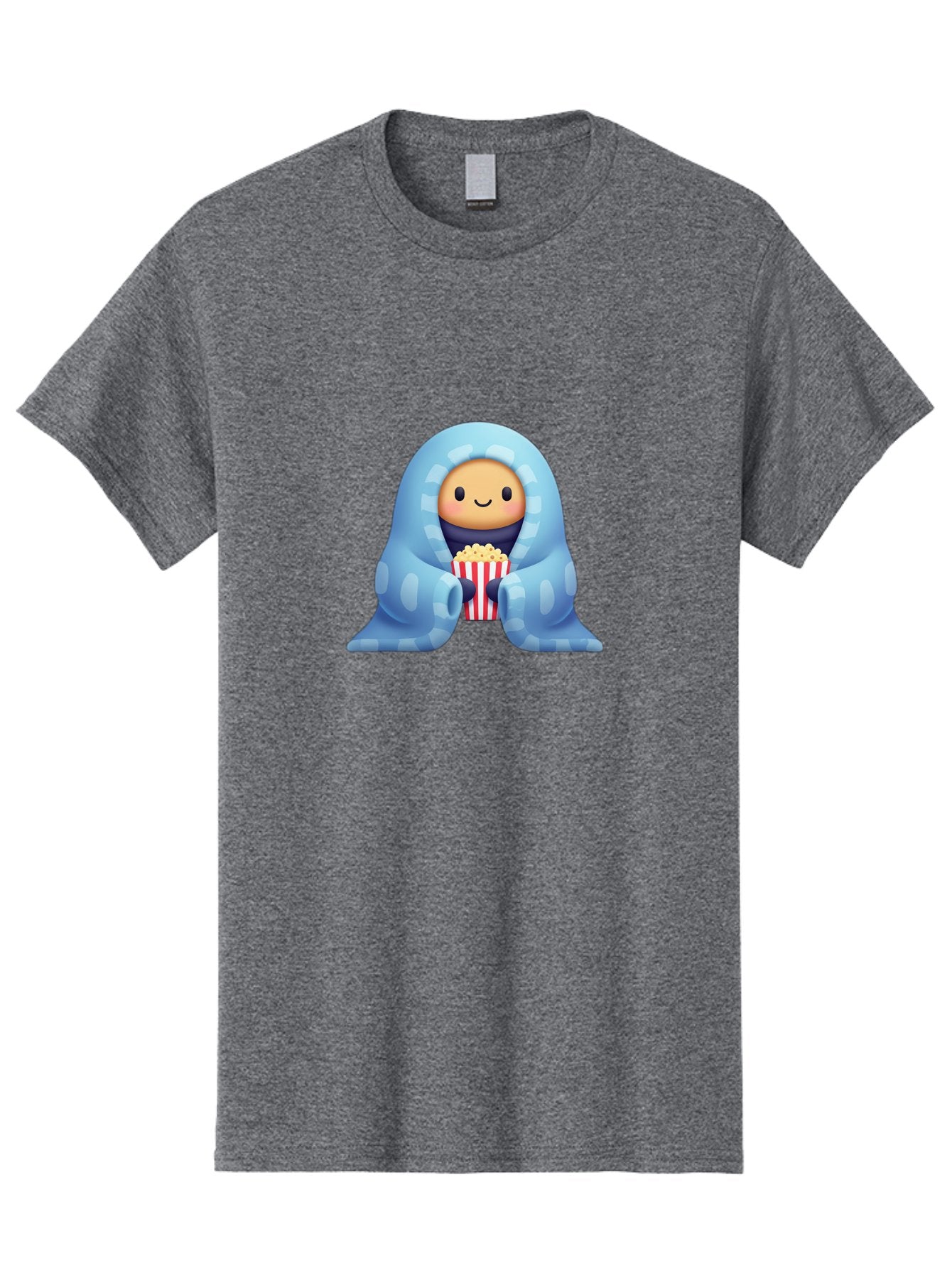 Smiling-Face-With-Popcorn Men'S Graphic Tee, 100% Cotton, Comfortable Casual Summer Wear, Machine Washable, Cartoon Character, Smiling Face, Snuggled Up, Blue Blanket, Red And White Striped Bucket, Popcorn, Cozy Atmosphere, Relaxed Vibe, Bac426 14