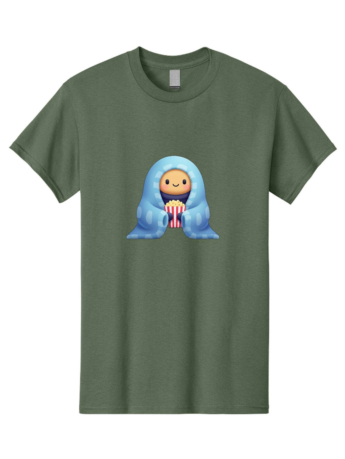Smiling-Face-With-Popcorn Men'S Graphic Tee, 100% Cotton, Comfortable Casual Summer Wear, Machine Washable, Cartoon Character, Smiling Face, Snuggled Up, Blue Blanket, Red And White Striped Bucket, Popcorn, Cozy Atmosphere, Relaxed Vibe, Bac426 12