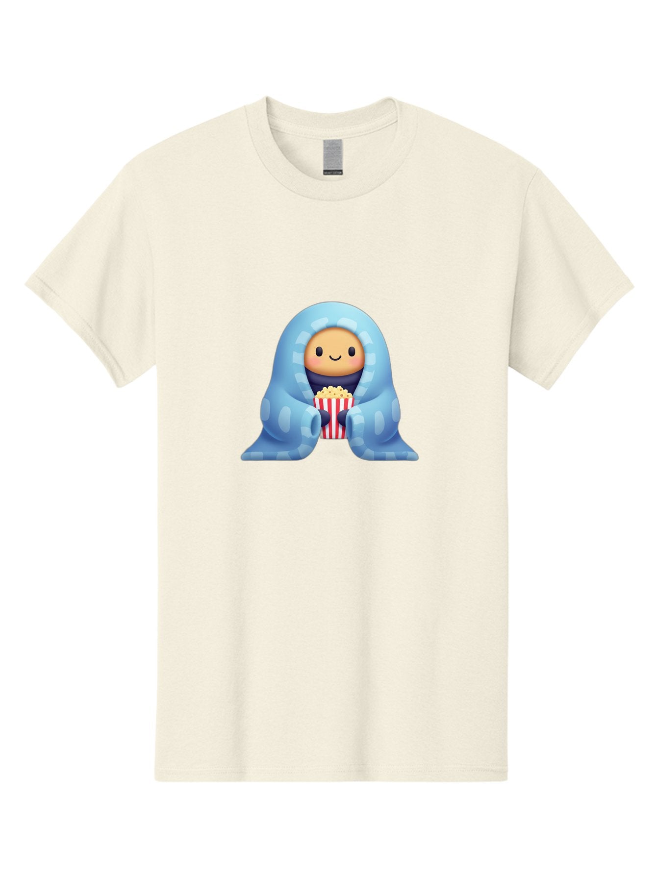 Smiling-Face-With-Popcorn Men'S Graphic Tee, 100% Cotton, Comfortable Casual Summer Wear, Machine Washable, Cartoon Character, Smiling Face, Snuggled Up, Blue Blanket, Red And White Striped Bucket, Popcorn, Cozy Atmosphere, Relaxed Vibe, Bac426 10