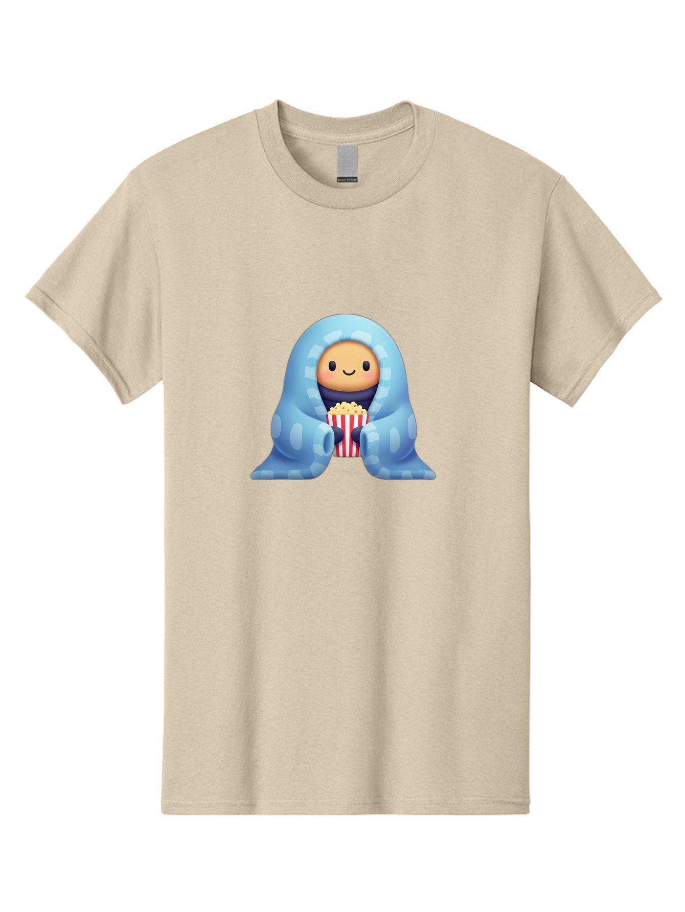 Smiling-Face-With-Popcorn Men'S Graphic Tee, 100% Cotton, Comfortable Casual Summer Wear, Machine Washable, Cartoon Character, Smiling Face, Snuggled Up, Blue Blanket, Red And White Striped Bucket, Popcorn, Cozy Atmosphere, Relaxed Vibe, Bac426 7
