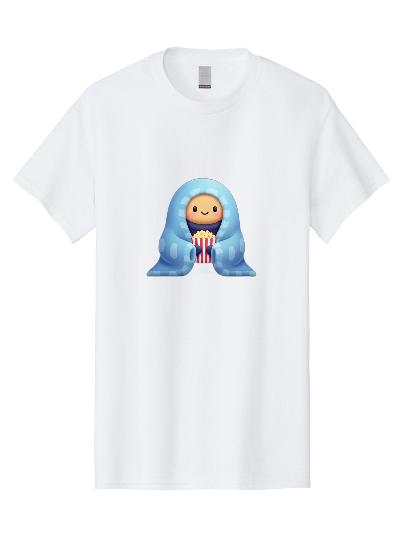Smiling-Face-With-Popcorn Men'S Graphic Tee, 100% Cotton, Comfortable Casual Summer Wear, Machine Washable, Cartoon Character, Smiling Face, Snuggled Up, Blue Blanket, Red And White Striped Bucket, Popcorn, Cozy Atmosphere, Relaxed Vibe, Bac426